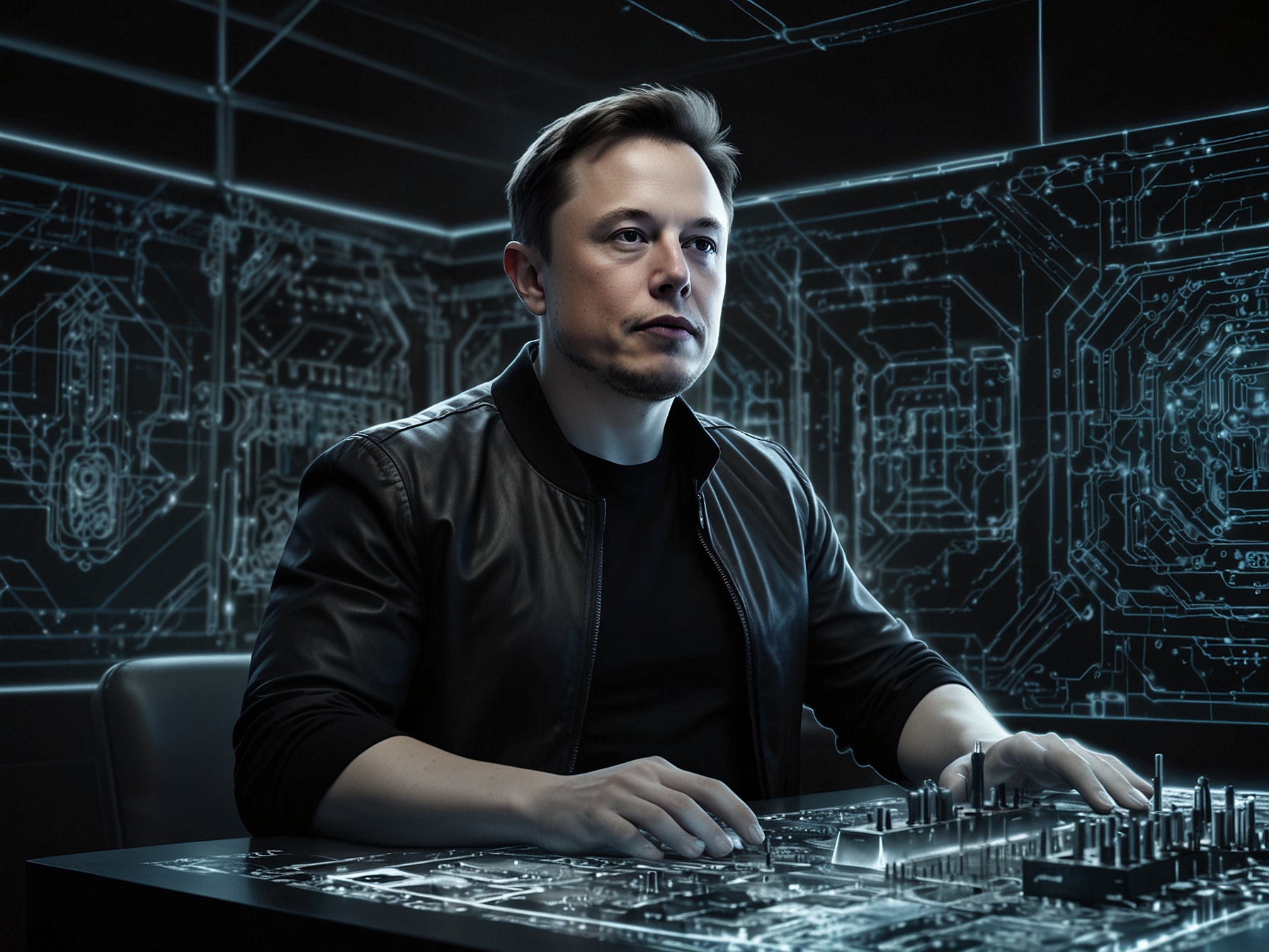 An artistic representation of Elon Musk looking amazed while observing a futuristic quantum chip, surrounded by digital graphics of space and technology, symbolizing the intersection of quantum computing and space travel.