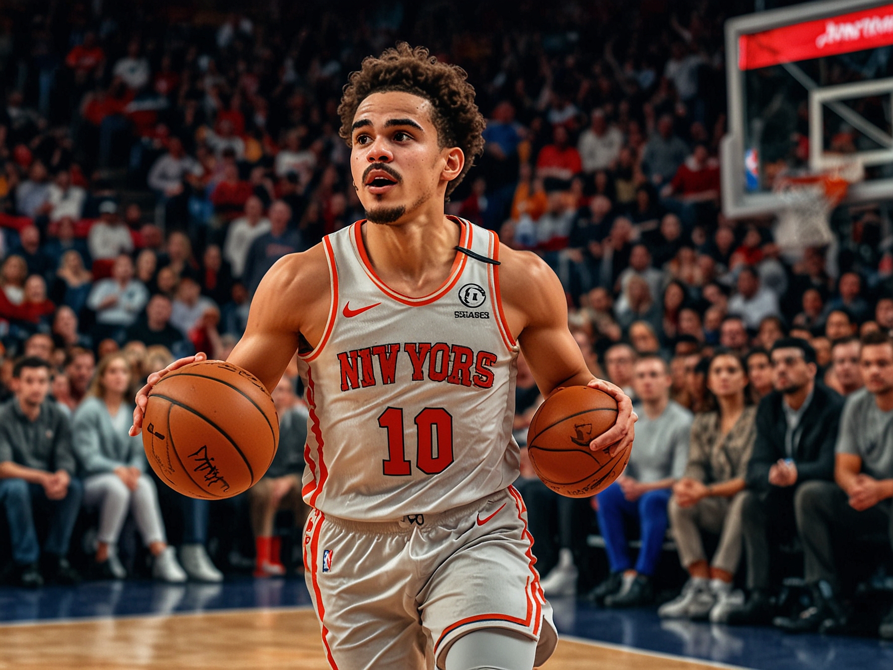Trae Young driving to the basket past a Knicks defender, with Madison Square Garden packed with excited fans in the background during the playoff game.