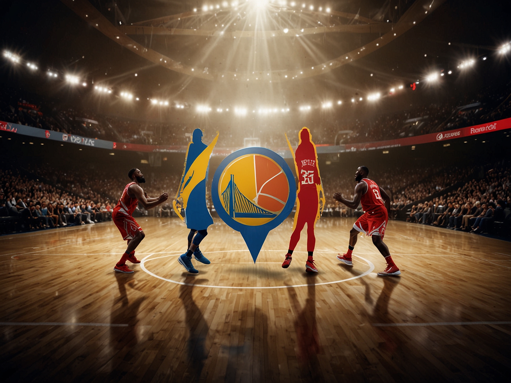 An action-packed basketball graphic featuring the Golden State Warriors and Houston Rockets logos, with silhouettes of players in dynamic poses on the court, symbolizing their upcoming showdown.