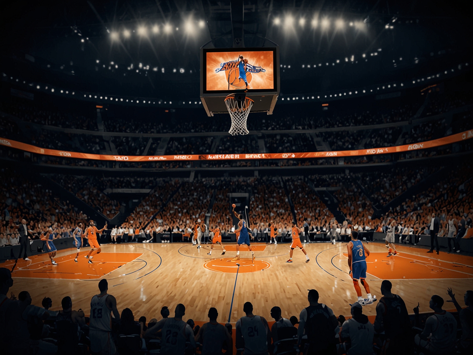 An intense basketball game scene showing the New York Knicks in action against the Atlanta Hawks, highlighting the tension and pressure of the NBA Cup quarterfinal match.