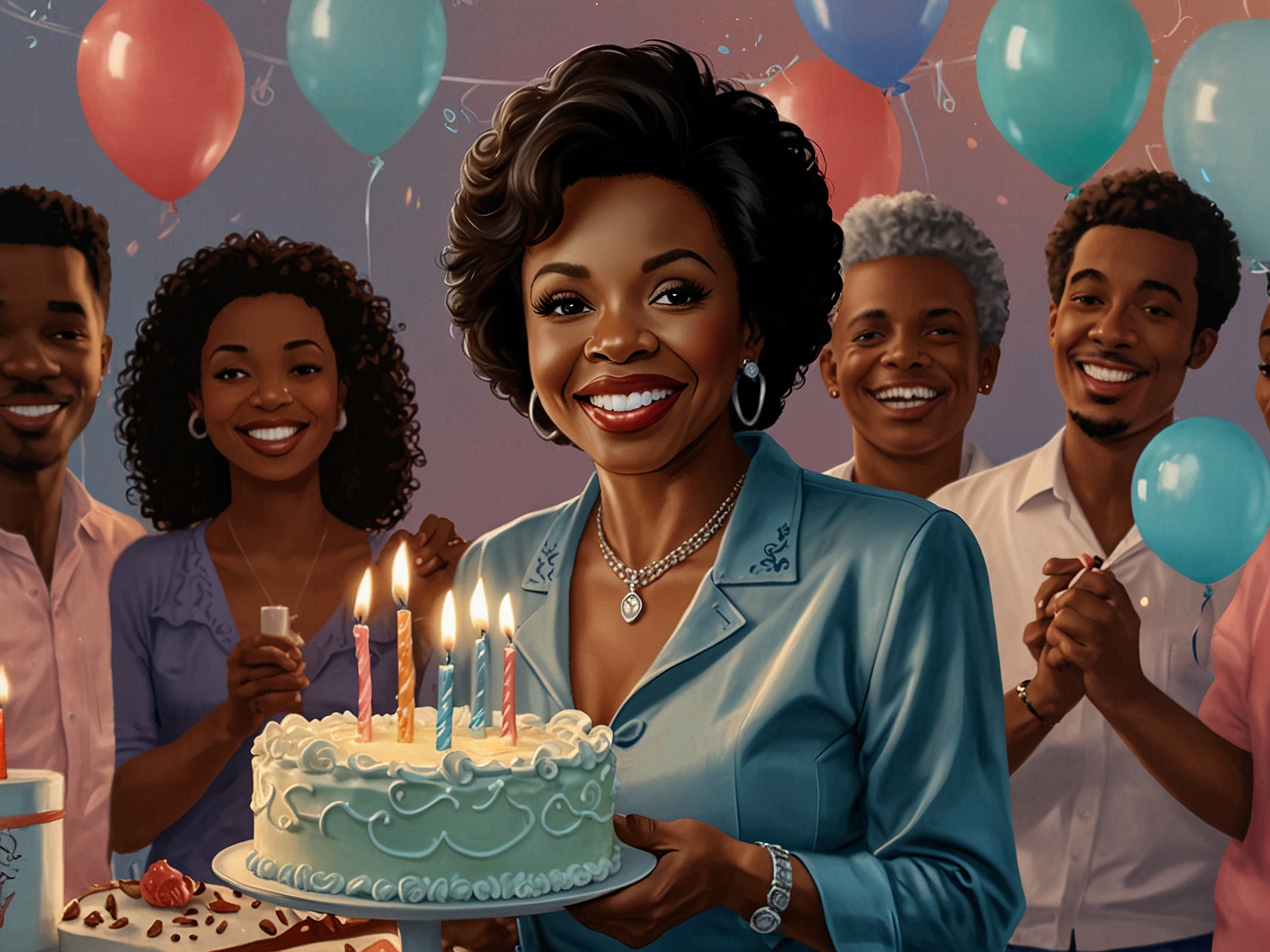 An elegant portrait of Gladys Knight, smiling warmly as she holds a birthday cake adorned with candles, surrounded by friends and family celebrating her 80th birthday.