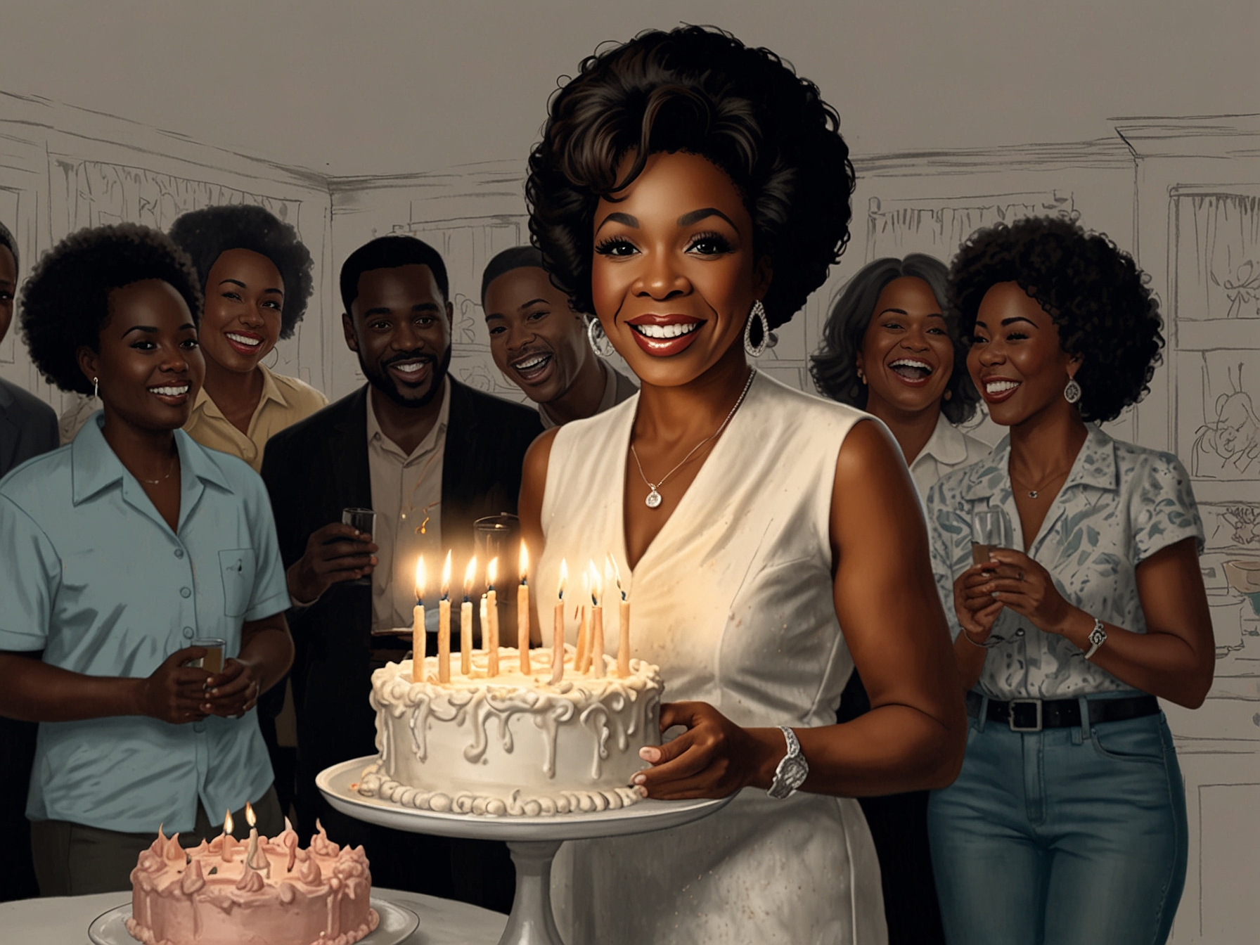 A vibrant scene from a live performance, showcasing Gladys Knight on stage with a colorful backdrop, energetically singing to an enthusiastic audience filled with joy and nostalgia.