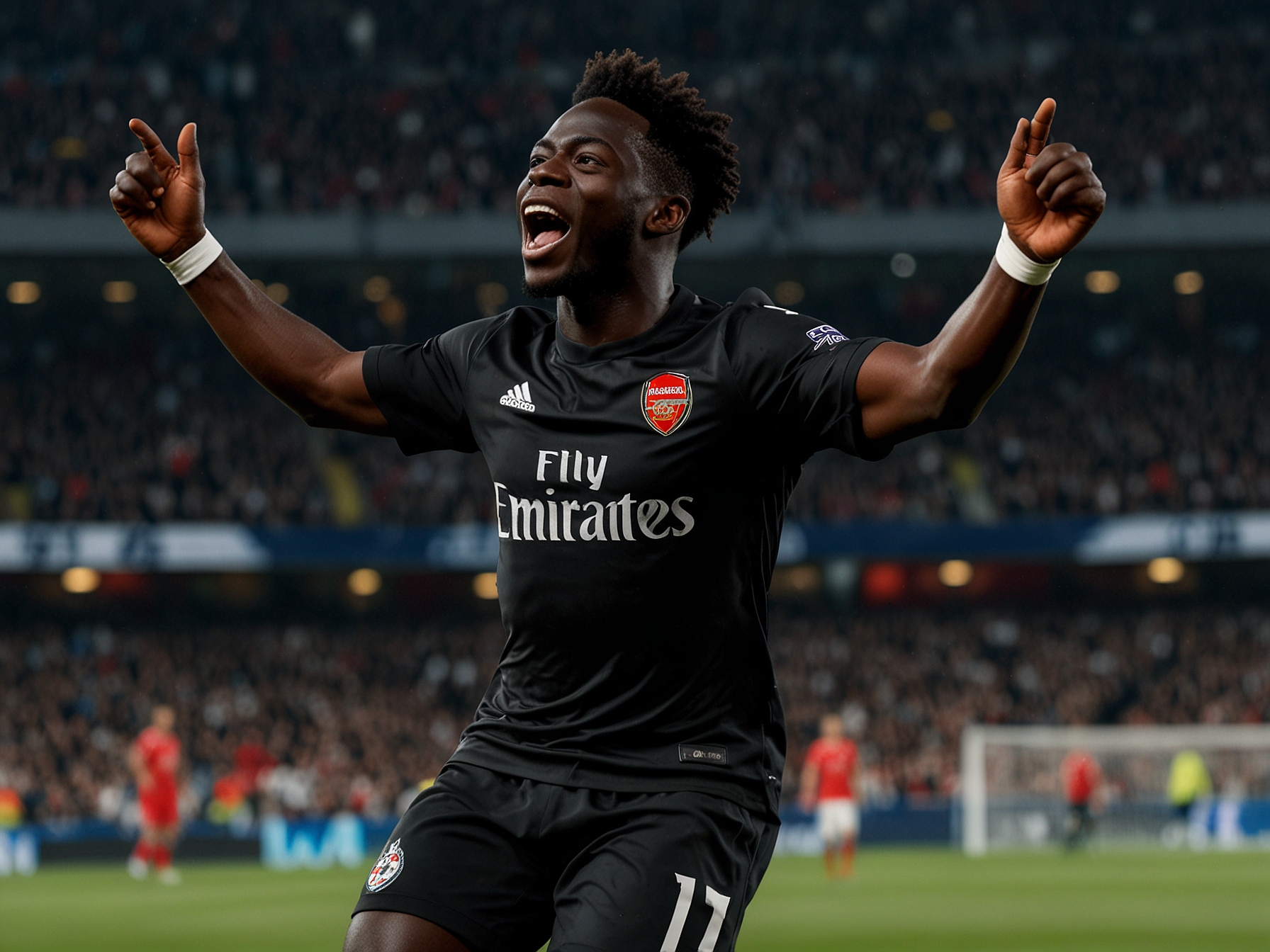 An action shot featuring Bukayo Saka celebrating after scoring one of his two goals against Monaco, showcasing his skill and exuberance on the field during the UEFA Champions League match. Fans in the background reflect the excitement of Arsenal's commanding win.
