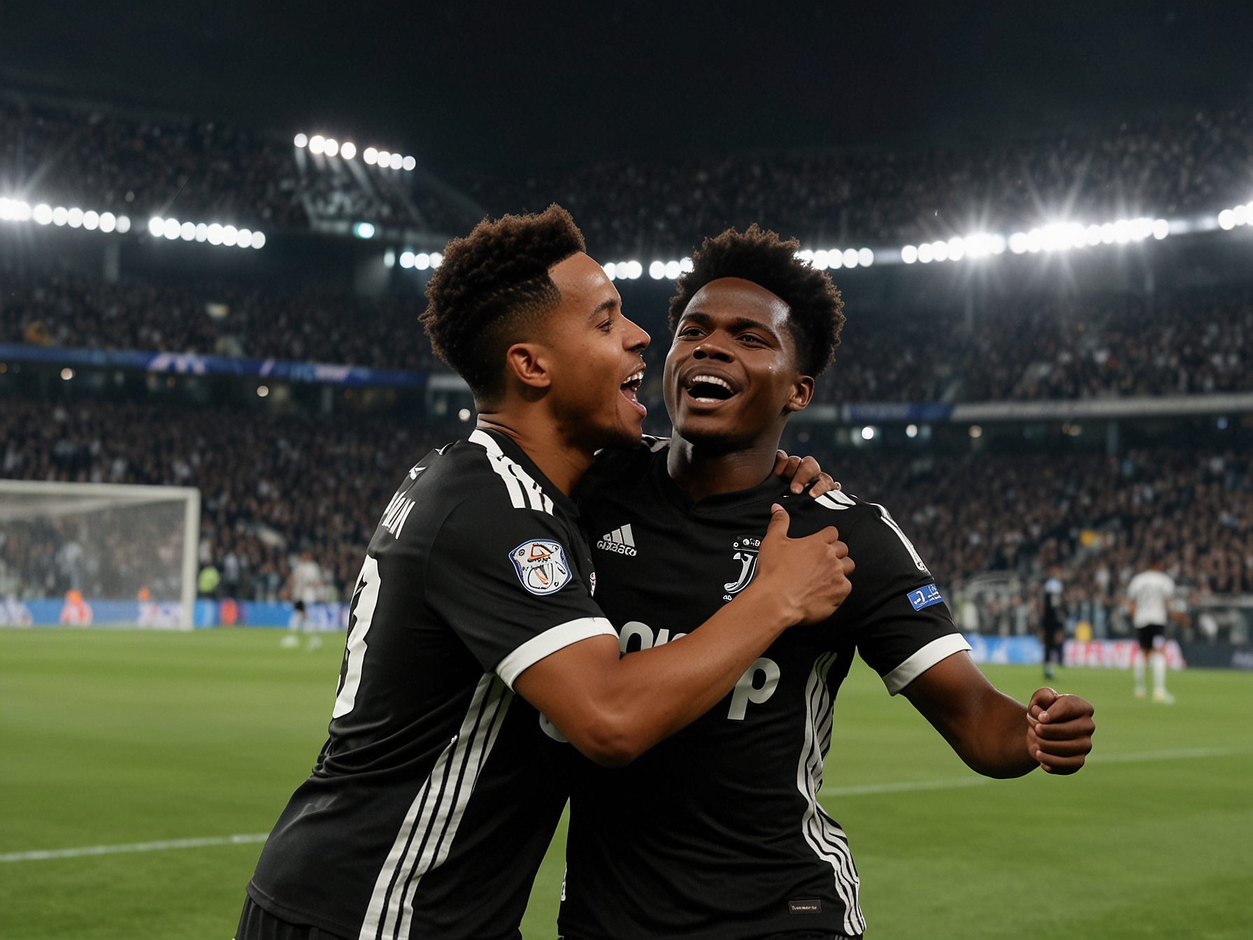 Weston McKennie celebrates scoring a goal with Timothy Weah in a packed Juventus stadium during their historic Champions League victory against Manchester City.