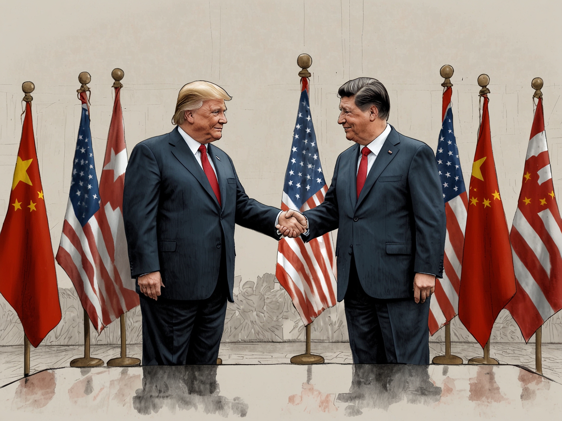 An illustration depicting Trump and Xi Jinping shaking hands amidst a backdrop of U.S. and Chinese flags, symbolizing potential diplomatic engagement.