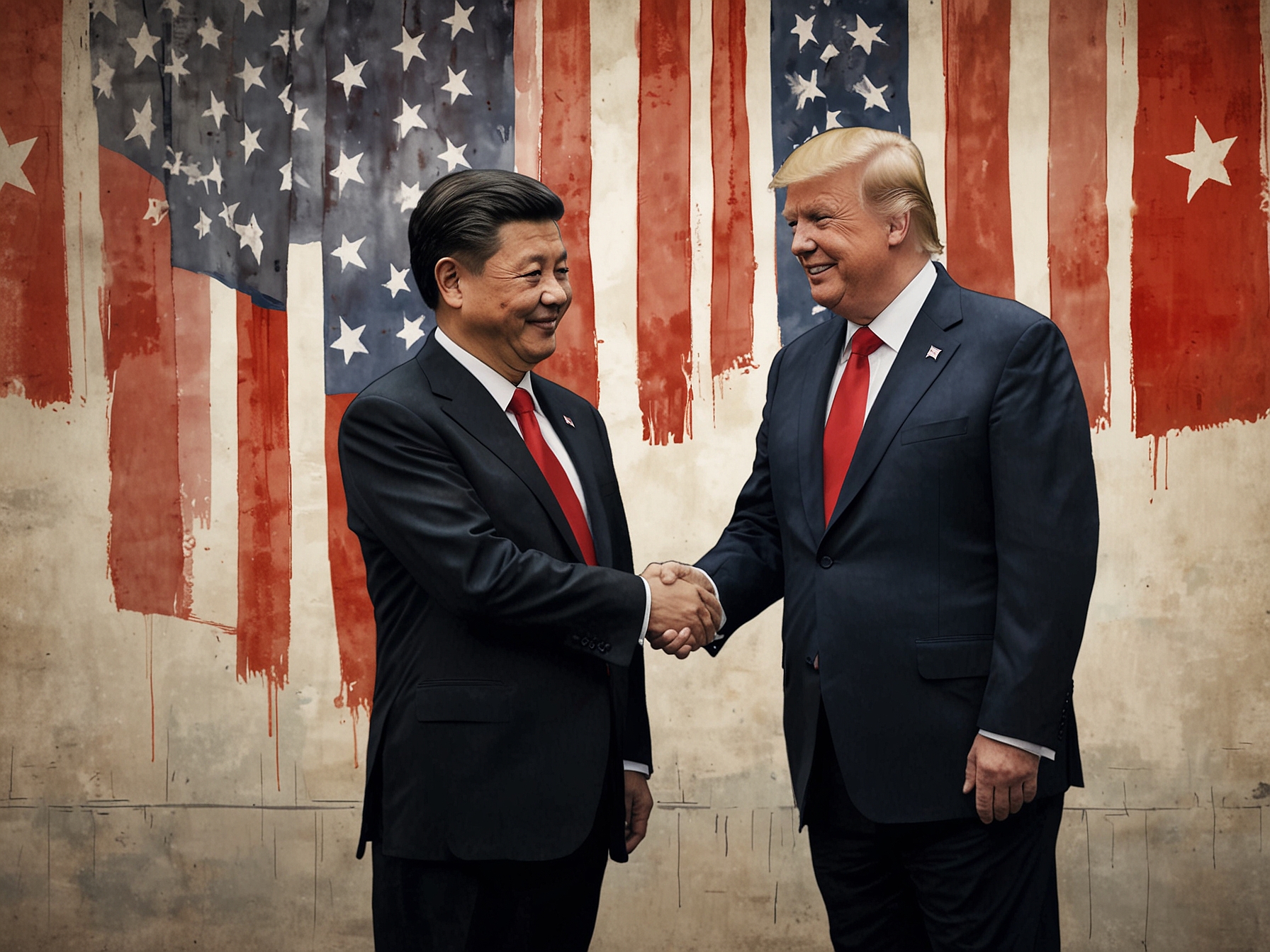 A split image showing Trump making a diplomatic gesture and a cautious Xi Jinping reacting, encapsulating the tension and anticipation surrounding the inauguration.