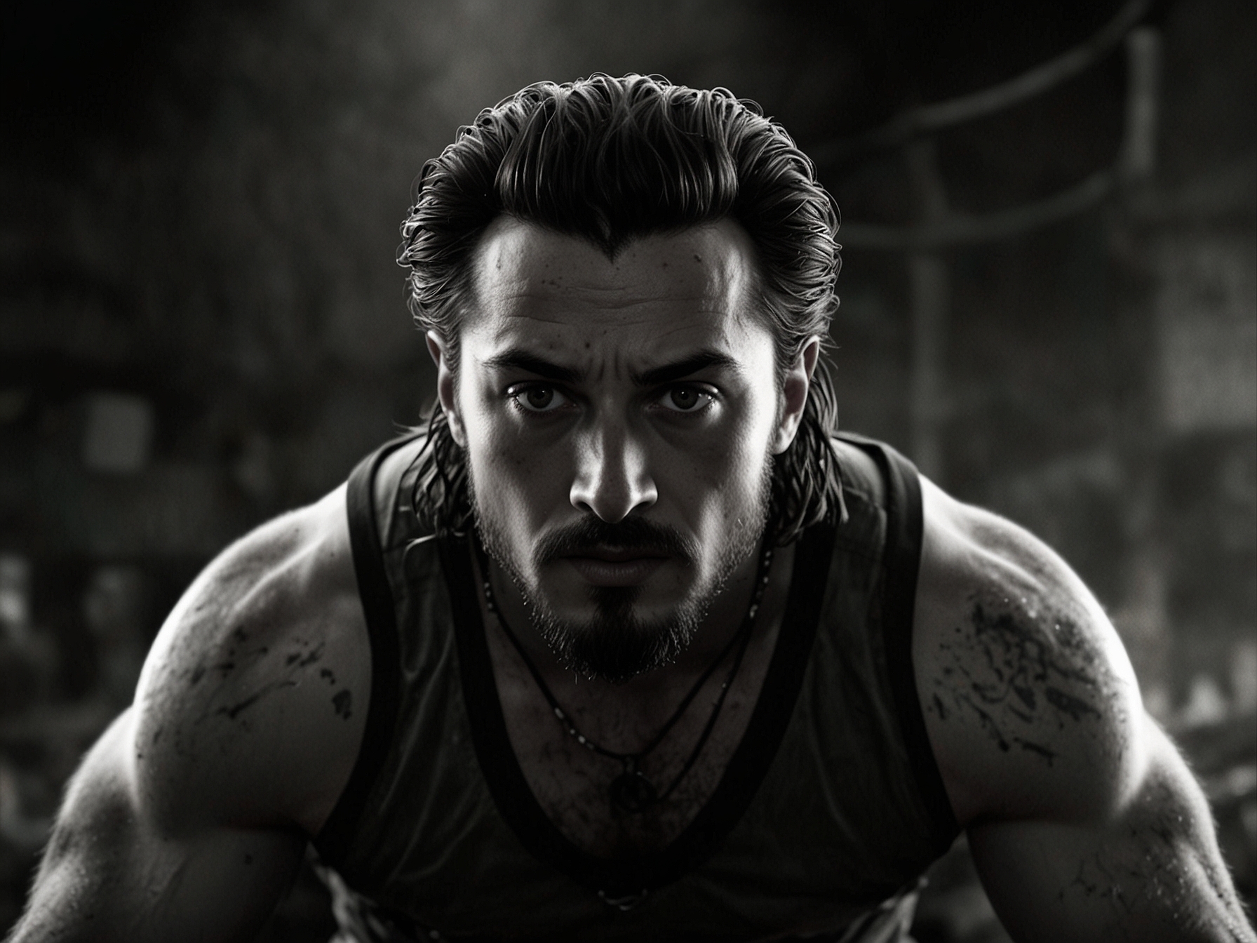 A powerful scene from 'Kraven the Hunter', showcasing Aaron Taylor-Johnson as Sergei Kravinoff, poised with a saber-toothed tiger's tooth amidst chaotic action. The dark, gritty atmosphere reflects the movie's intense vibe, hinting at his complex backstory.