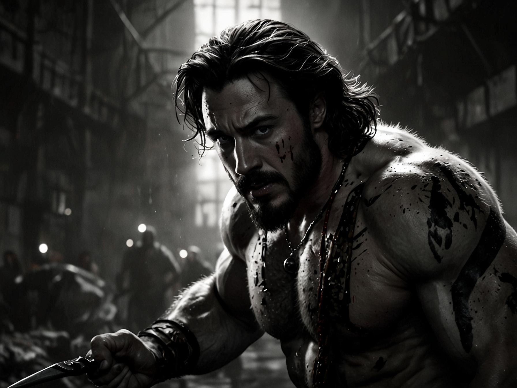 A dramatic moment highlighting the emotional turmoil of Kraven, with flashbacks of his childhood and conflicts with his father, played by Russell Crowe, illuminating the character's struggles and motivations in a visually engaging way.