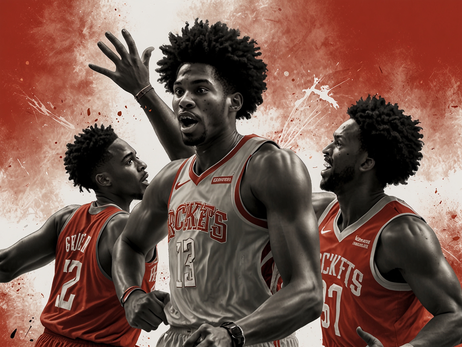 An emotional moment captured with Houston Rockets players celebrating after scoring, illustrating their strong bond and chemistry on the court, emphasizing teamwork and camaraderie.