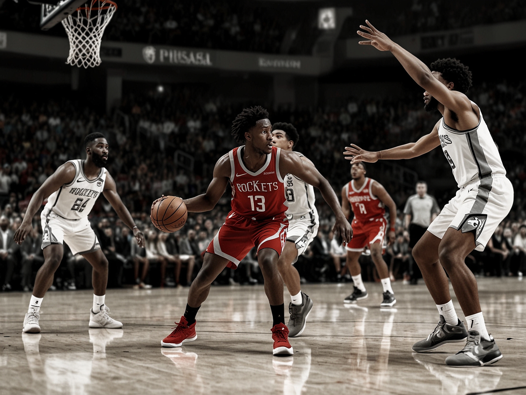 A strategic image of the Houston Rockets huddled during a timeout, displaying their focus and readiness to tackle challenges, signifying the importance of communication and collective effort.