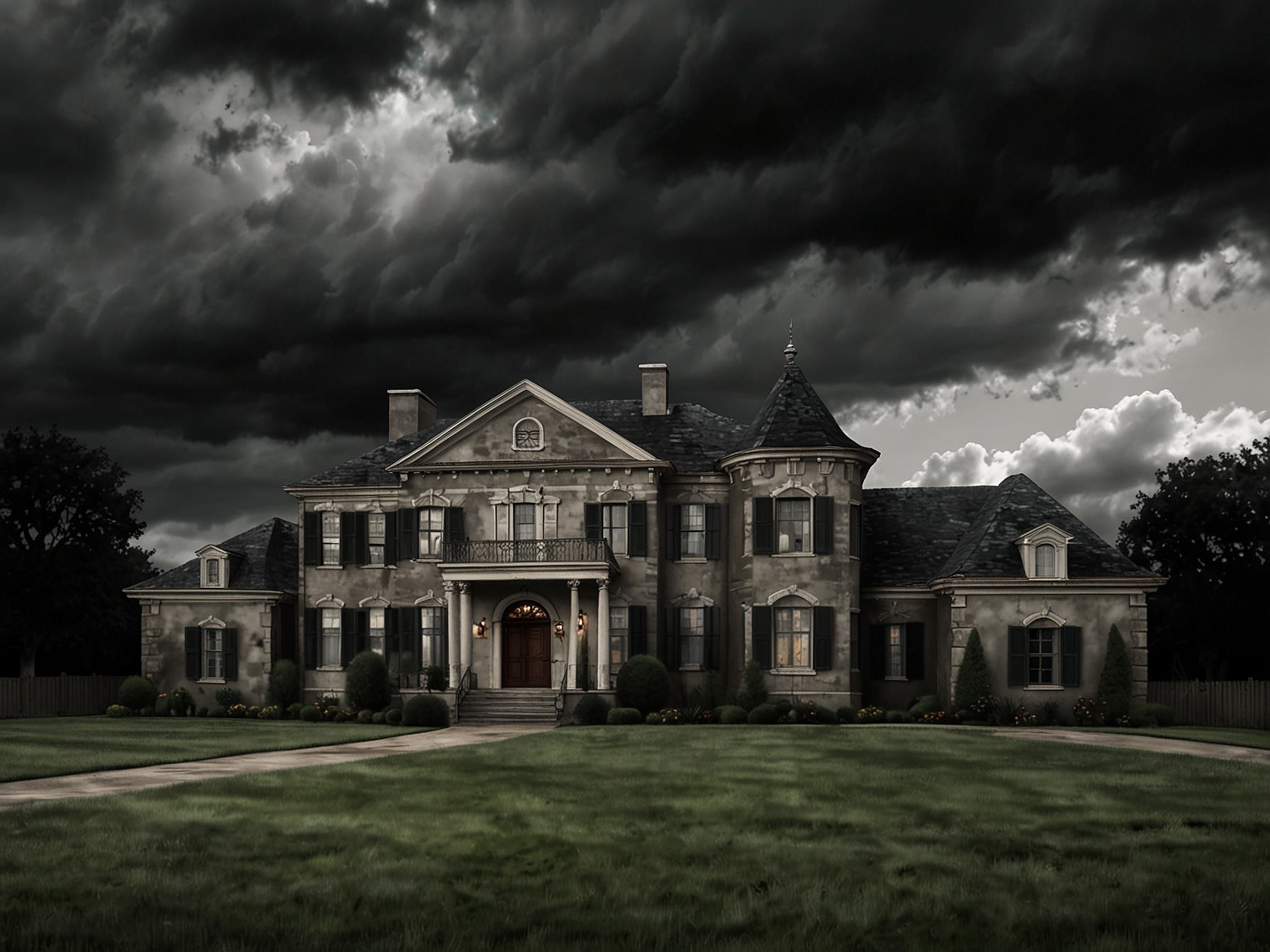 A somber image of the Mangione family estate, emphasizing their once-thriving business background now overshadowed by tragedy, with dark clouds overhead reflecting an uncertain future.