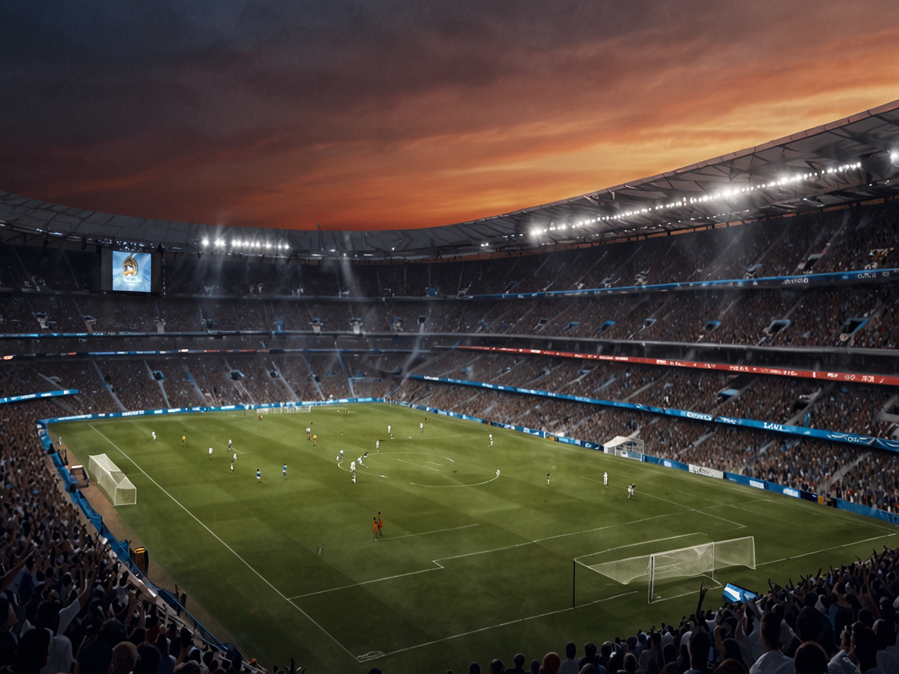 A vibrant image of the Santiago Bernabeu Stadium in Madrid showcasing its grandeur and rich history, filled with cheering football fans, symbolizing the anticipation for the 2030 World Cup final.