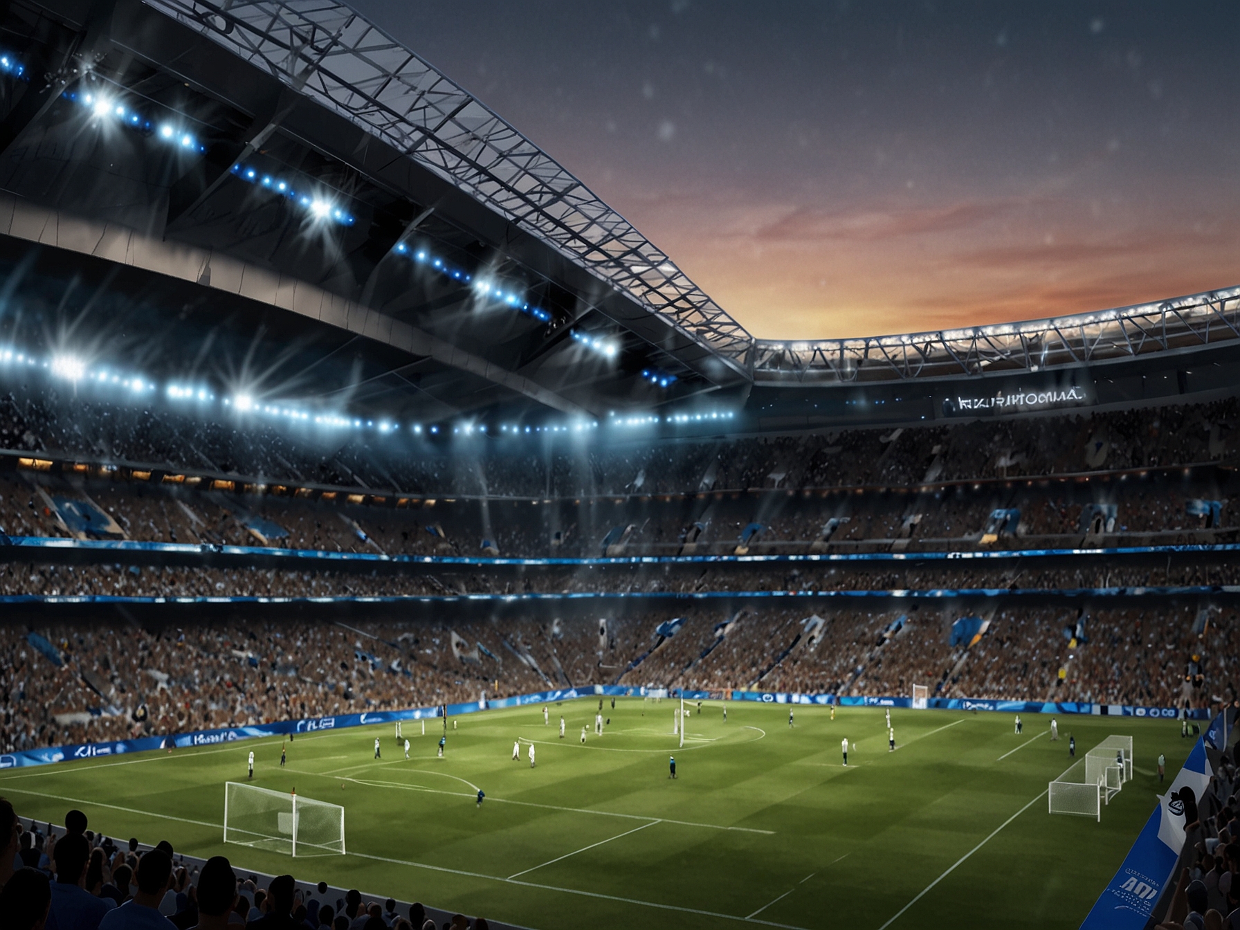 An artistic rendering of a packed football stadium in Morocco, illustrating their ambitions for a new massive venue, with passionate fans adorned in national colors, highlighting the competitive spirit of the 2030 World Cup.