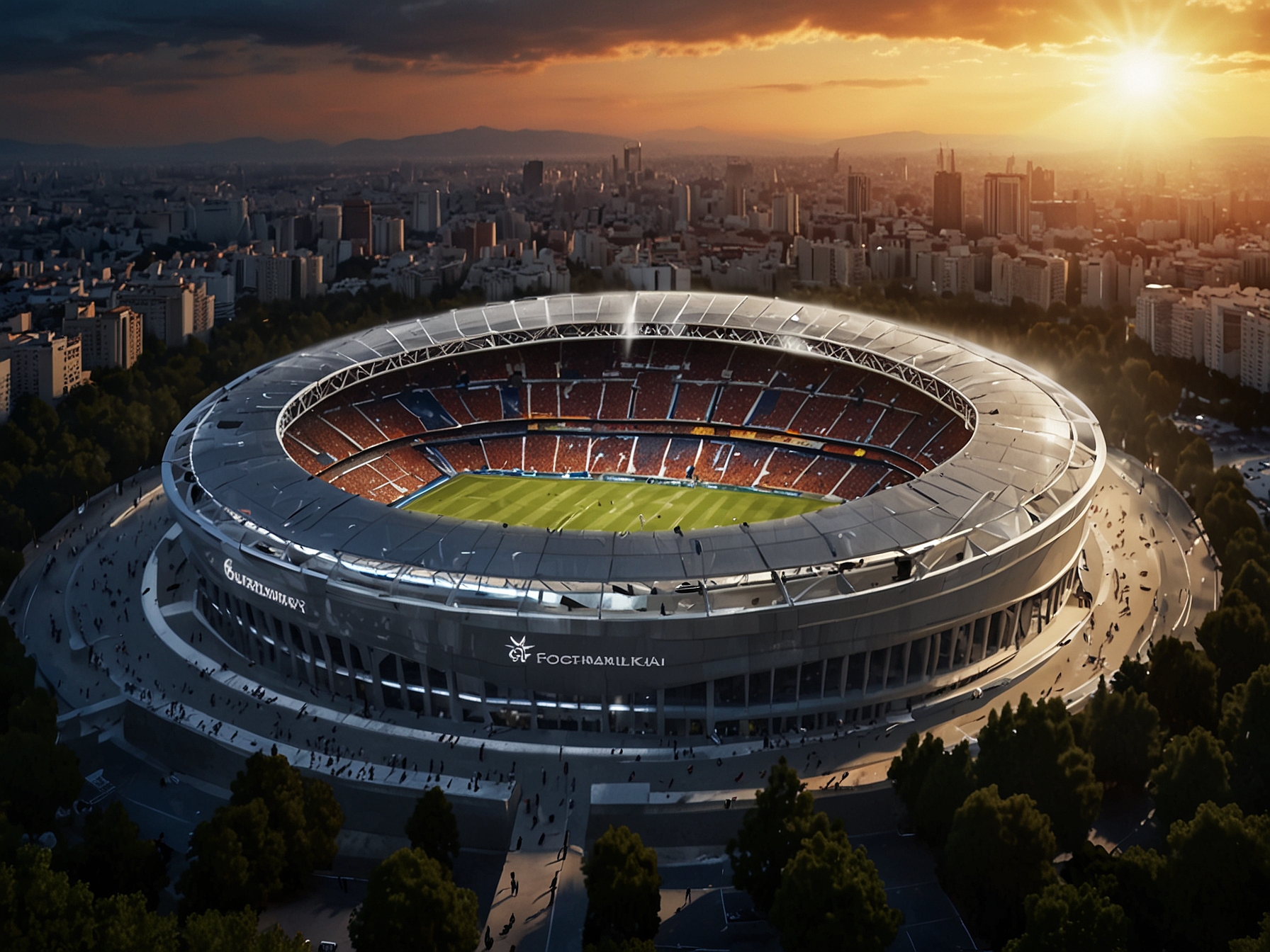 A dynamic scene of fans in Portugal waving flags and cheering in front of the Estadio do Dragao, capturing the underdog spirit of the nation as they prepare for their role in the 2030 World Cup.