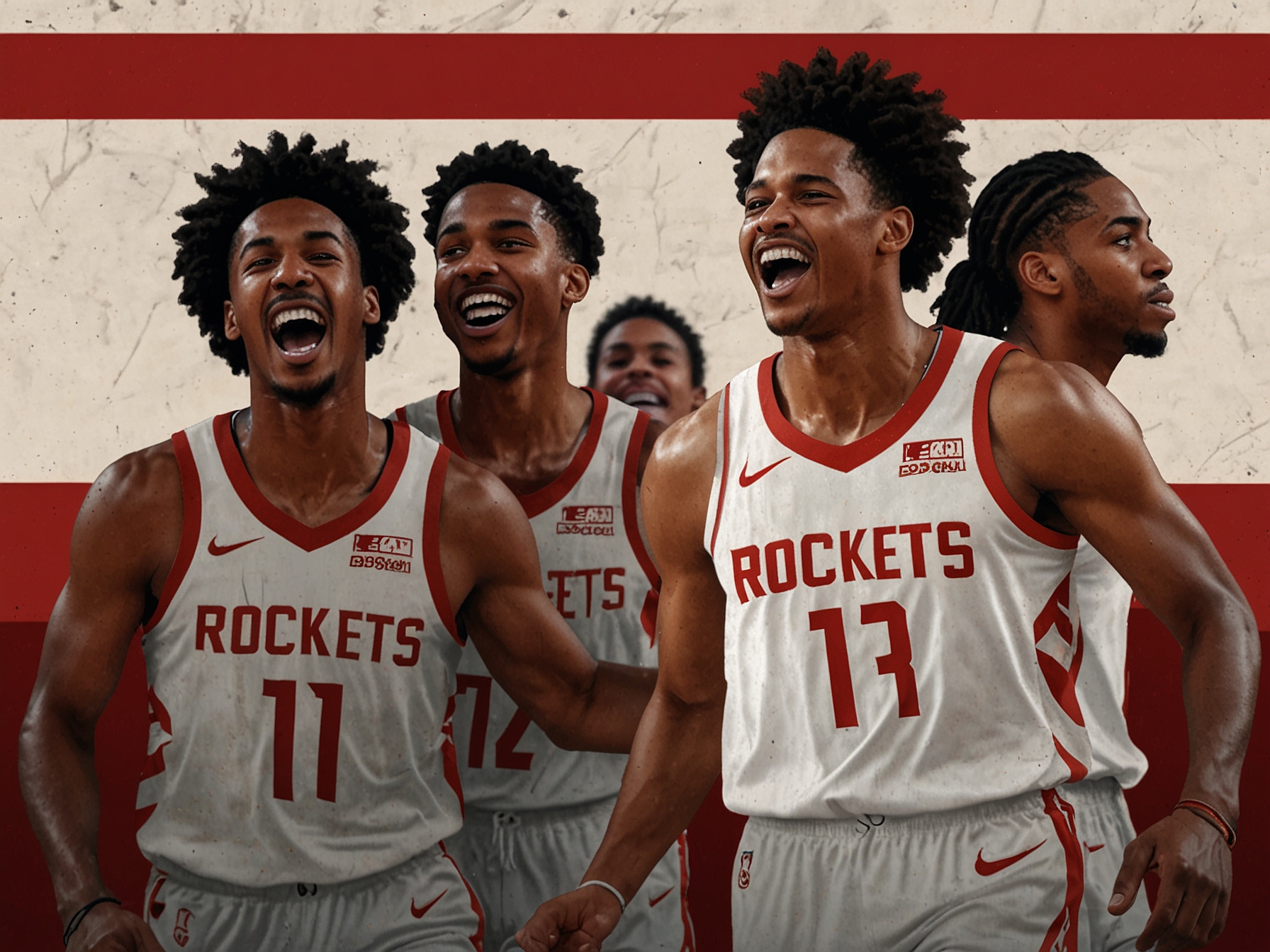 An action shot of Jalen Green and his Rockets teammates celebrating a key play during a game, showcasing their camaraderie and teamwork on the court.