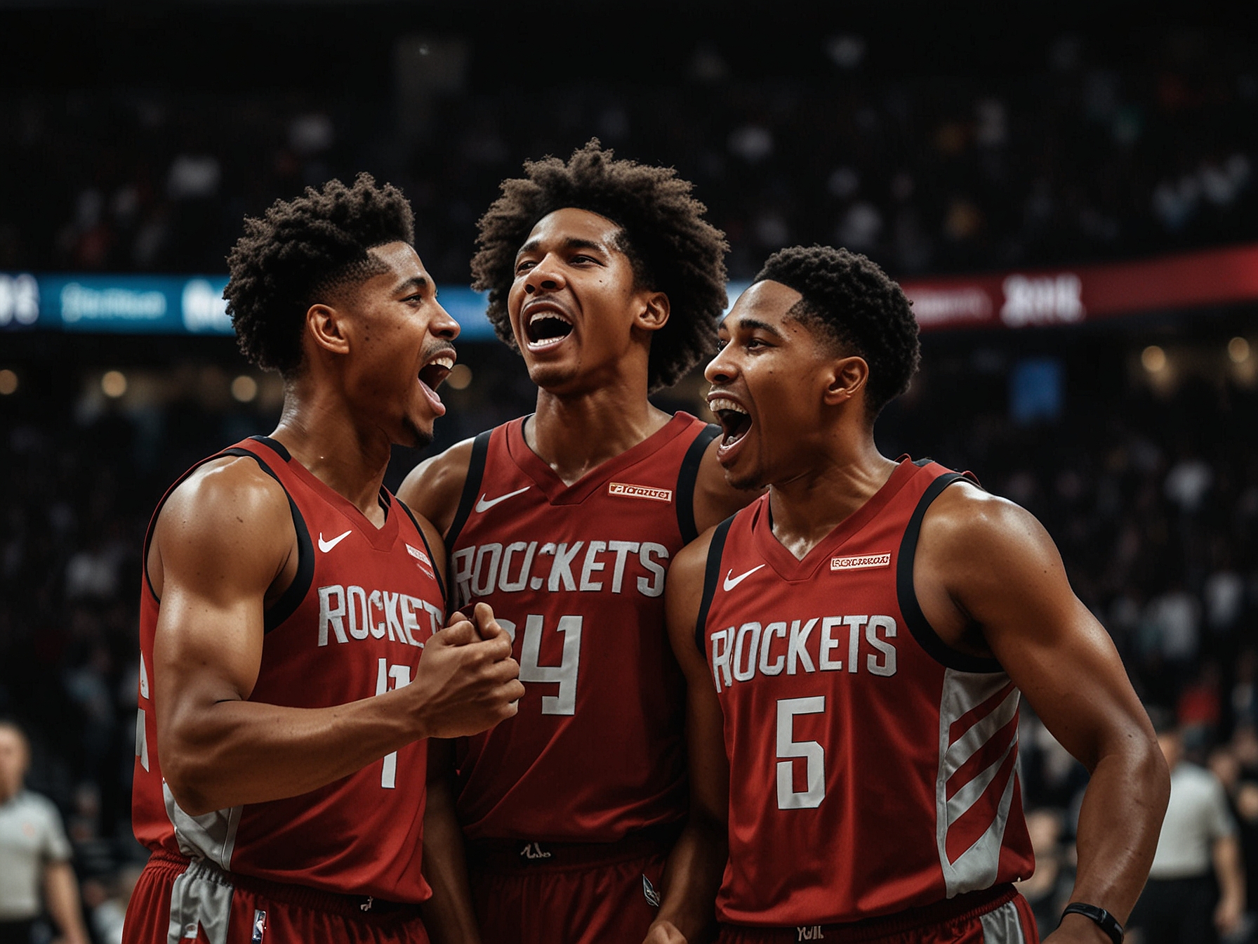 A vibrant image of the Rockets huddled together, emphasizing their unity as they prepare for a crucial game, reflecting their strong chemistry and shared aspirations.