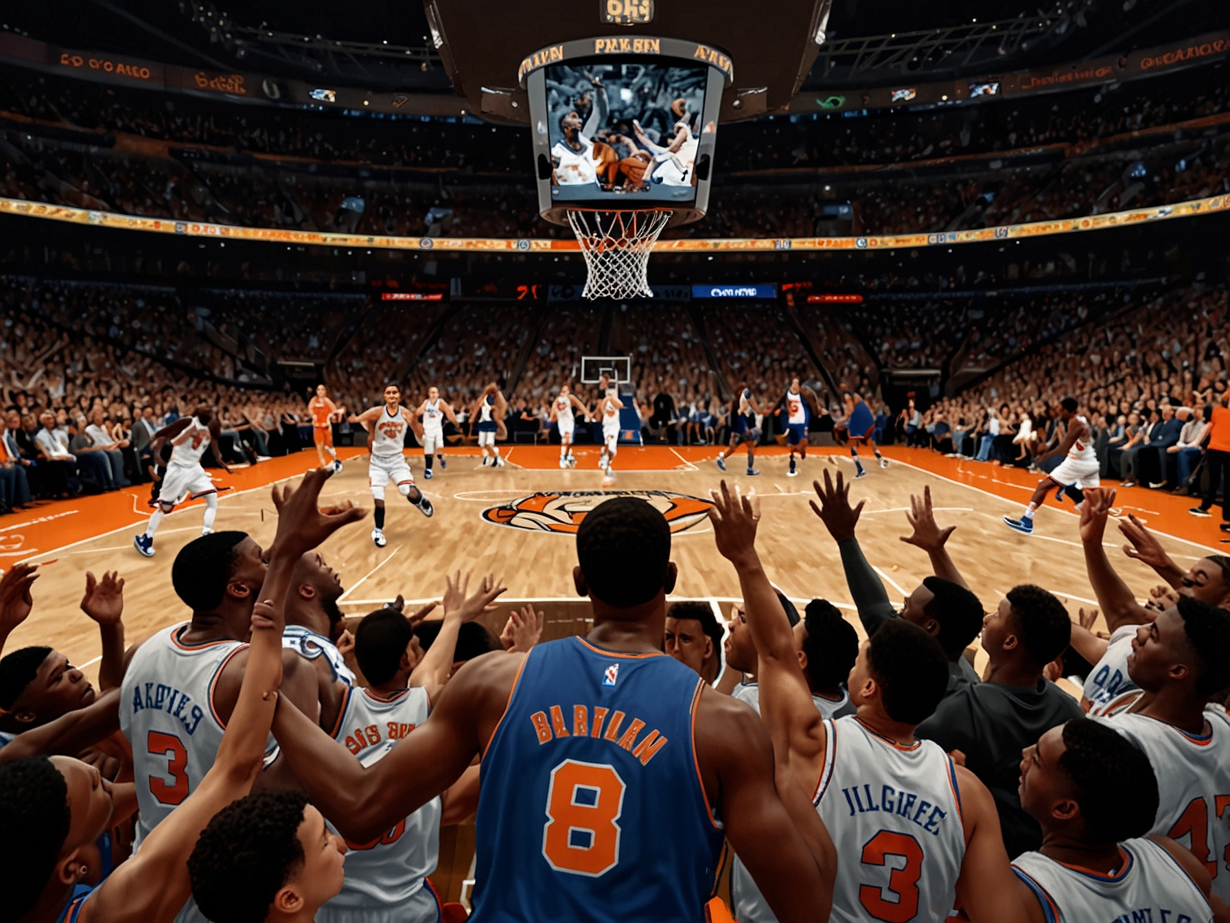 A high-energy scene of basketball players from the Hawks and Knicks battling for possession, with fans cheering in a packed Madison Square Garden, capturing the intensity of the NBA Cup quarterfinals.