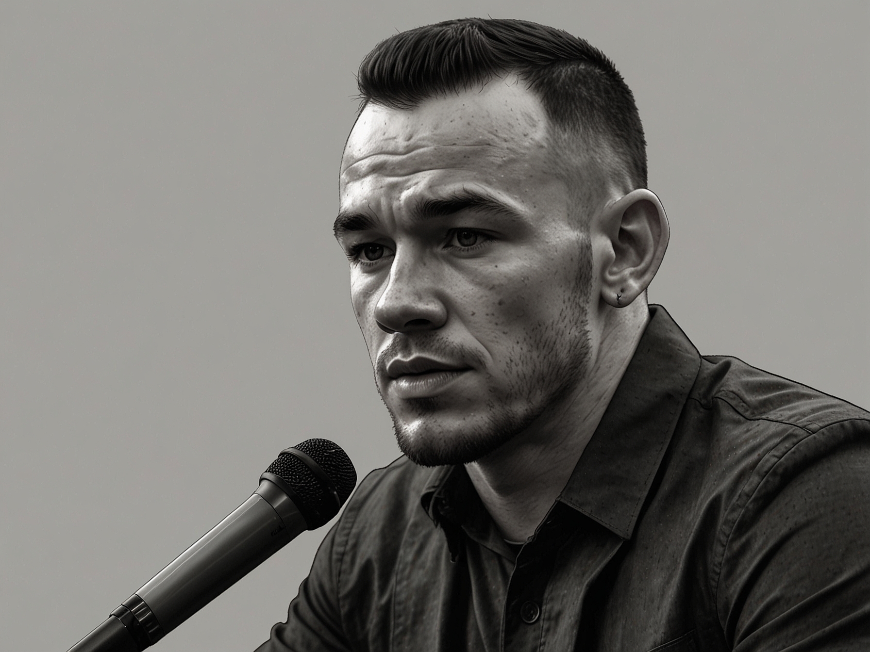 Colby Covington speaking passionately at a UFC press conference, emphasizing his critique of LeBron James and addressing the audience with intensity.