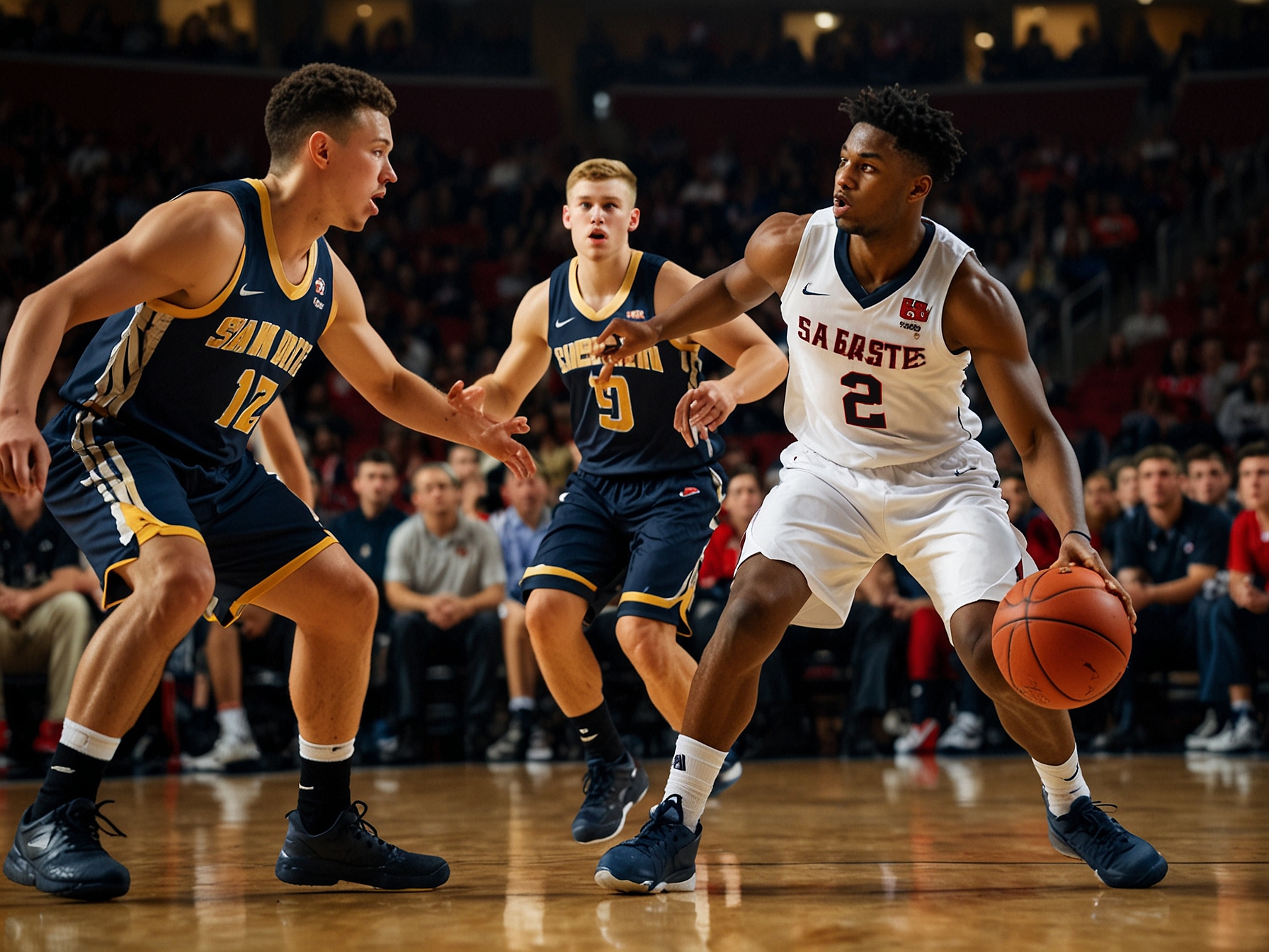 A dynamic moment from the San Diego State vs. Cal Baptist basketball game, featuring players in action, showcasing excitement and athleticism as they battle for the ball. The crowd can be seen in the background, emphasizing the game's intensity.