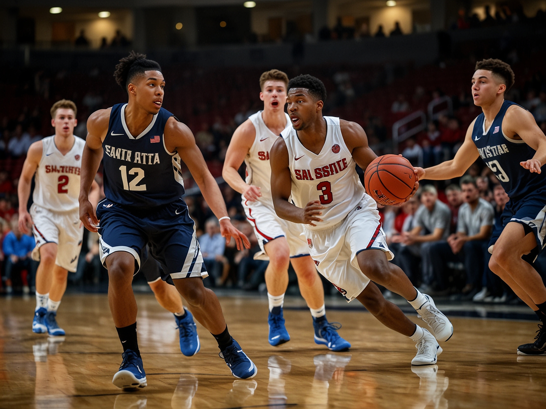 Miles Byrd making a no-look pass to a teammate during a crucial play in the game, capturing the skill and precision that defines NCAA basketball. The atmosphere is electric as fans react in the stands.