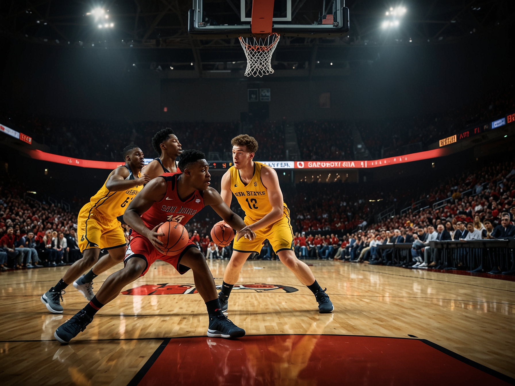 A close-up of Nick Boyd making a crucial bank shot amidst defenders, conveying the pressure and excitement of late-game moments in basketball. The determination on his face reflects the competitive spirit of the teams.