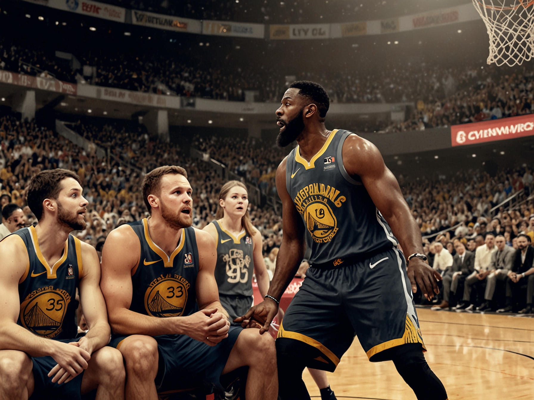 A tense moment from the NBA Cup game between the Golden State Warriors and Houston Rockets, showcasing players in action, fans in the stands expressing disbelief, and the scoreboard reflecting the close score of 91-90.
