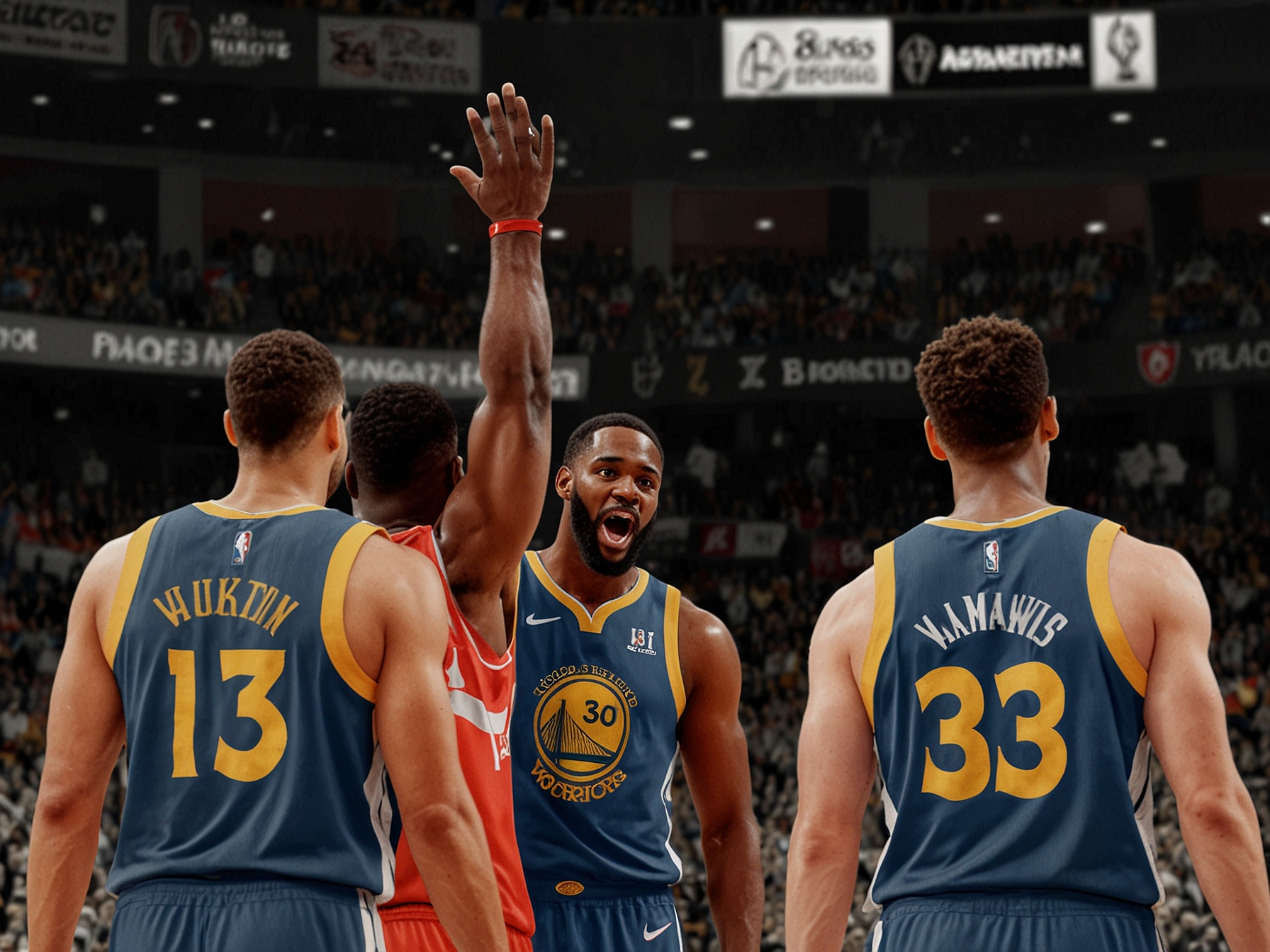 Steve Kerr visibly frustrated during the post-game press conference, addressing officiating issues, with a backdrop of the game highlights displayed behind him, capturing the emotional aftermath of the loss.