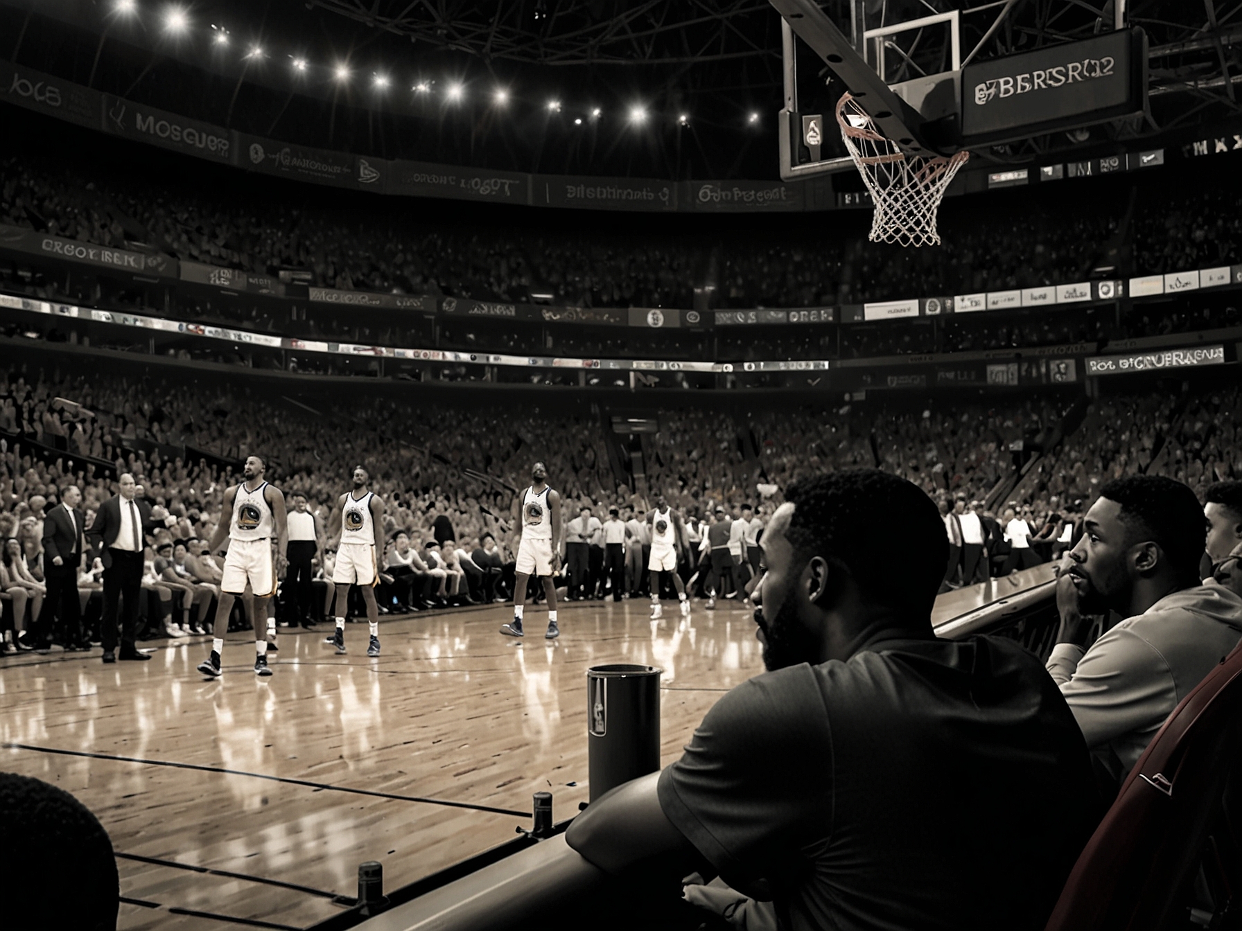 Key players from both teams, including Stephen Curry and Jalen Green, engaged in a fierce battle for the ball, embodying the intensity and competitive spirit of the NBA Cup playoffs.