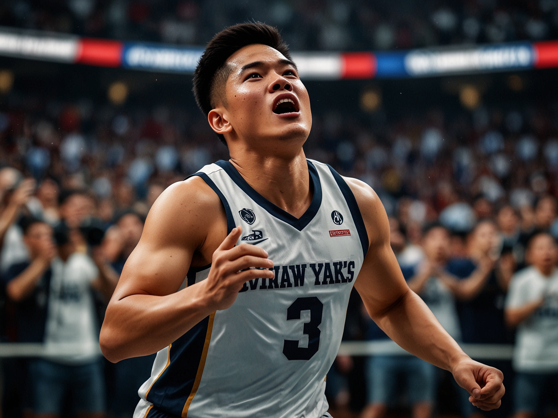 Kevin Quiambao in action during the UAAP Finals, shooting one of his iconic shots while the crowd erupts in excitement and anticipation.