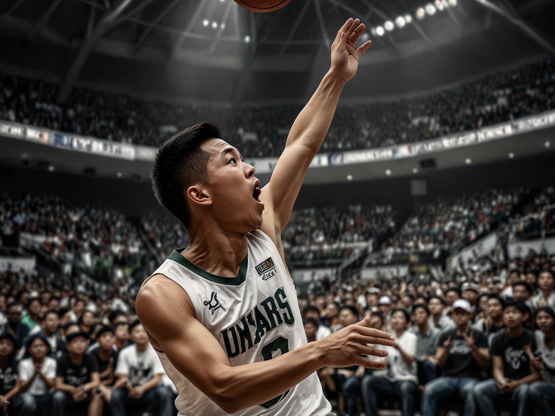 The moment Kevin Quiambao celebrates after scoring the game-winning basket, surrounded by cheering fans and teammates in the Mall of Asia Arena.