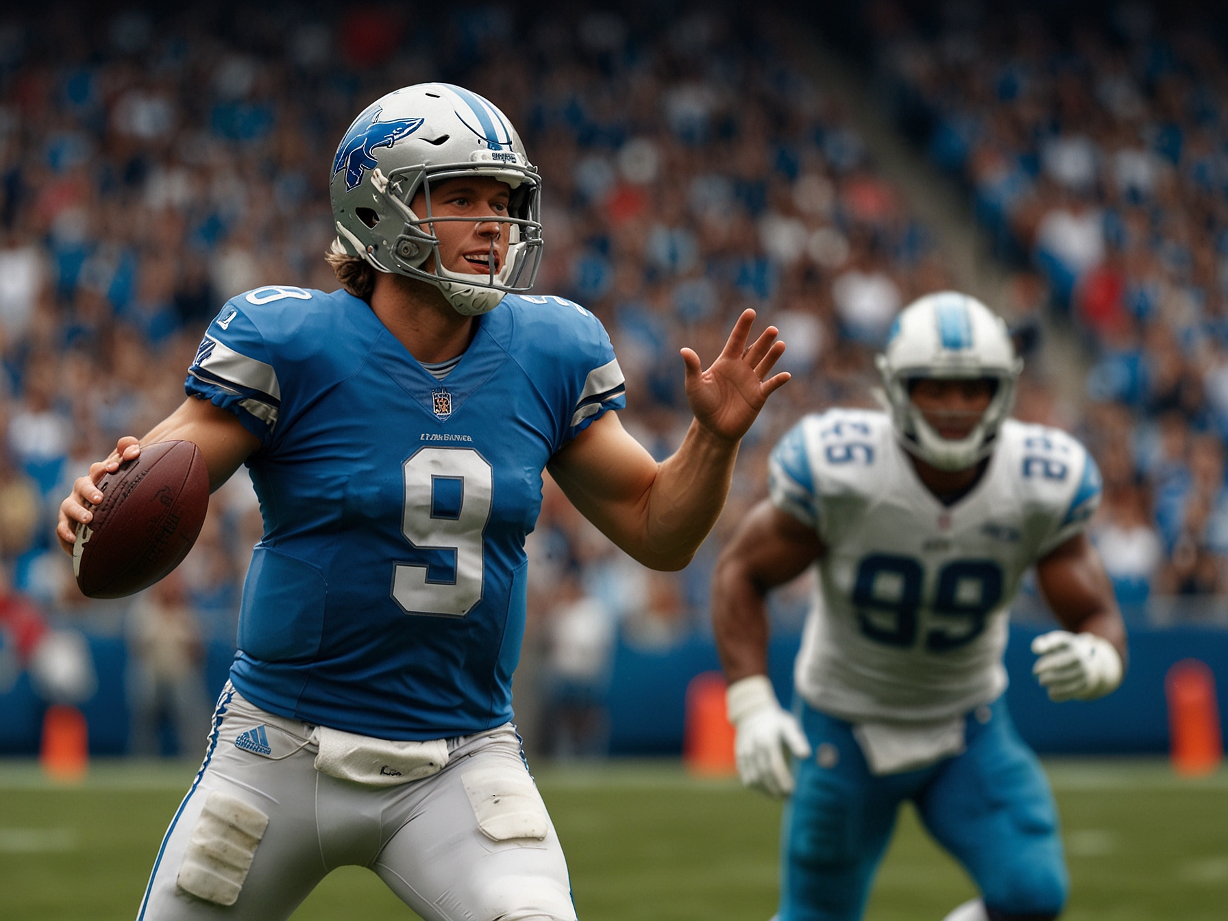 Matthew Stafford throwing a pass to Puka Nacua during a game, capturing their connection and chemistry on the field. Nacua is seen with defenders around him, showcasing his ability to create space.