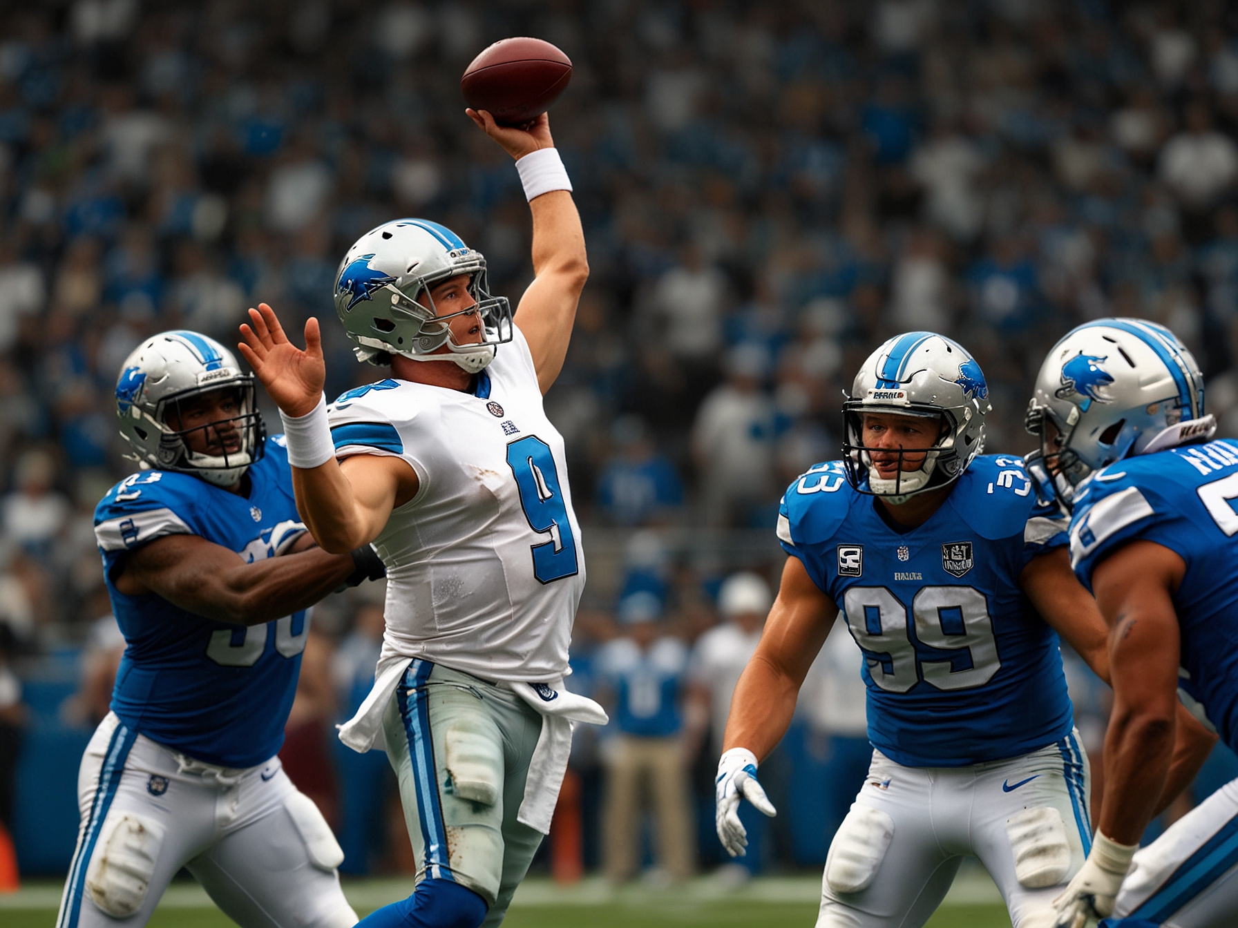 A shot of Stafford celebrating a touchdown with Nacua after a successful play, emphasizing their synergy and teamwork amidst a cheering crowd at the stadium.