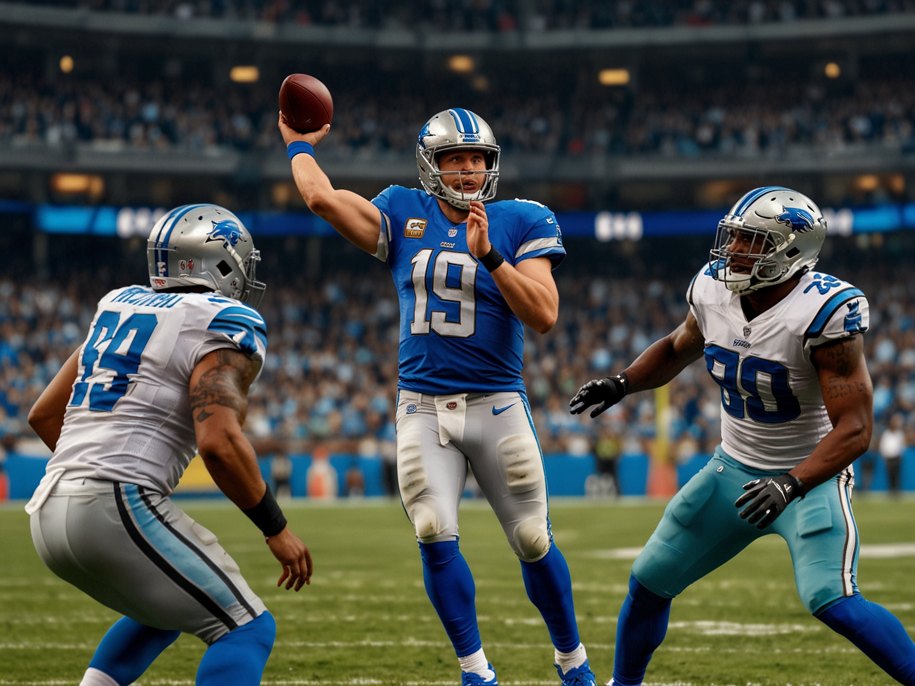 Close-up of Nacua in action, dodging a defender while looking for an open field, illustrating his dynamic playmaking skills and potential as a rising star in the NFL.