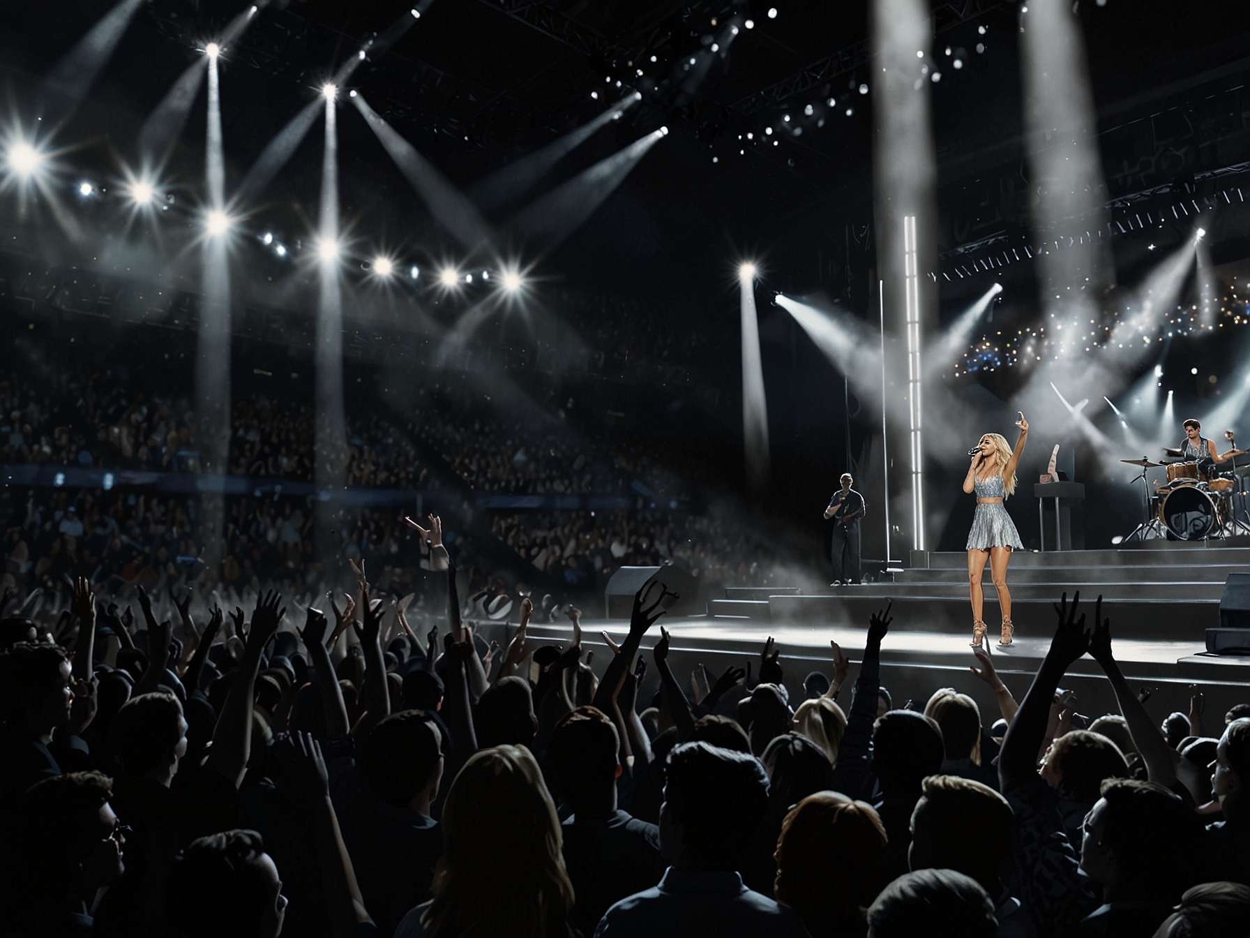 Kelsea Ballerini performing passionately on stage at Madison Square Garden, surrounded by dazzling lights and an enthusiastic crowd, showcasing her artistic growth and connection to fans.