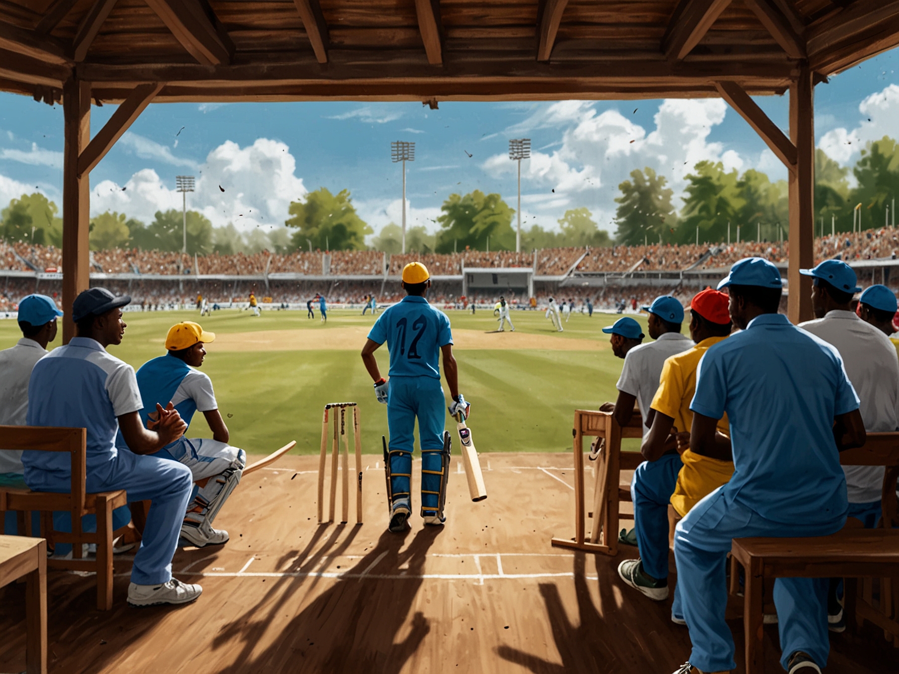 An intense cricket match scene at Gahanga International Cricket Stadium, with players from Rwanda and Uganda vying for dominance and fans cheering passionately in the stands, creating an electric atmosphere.