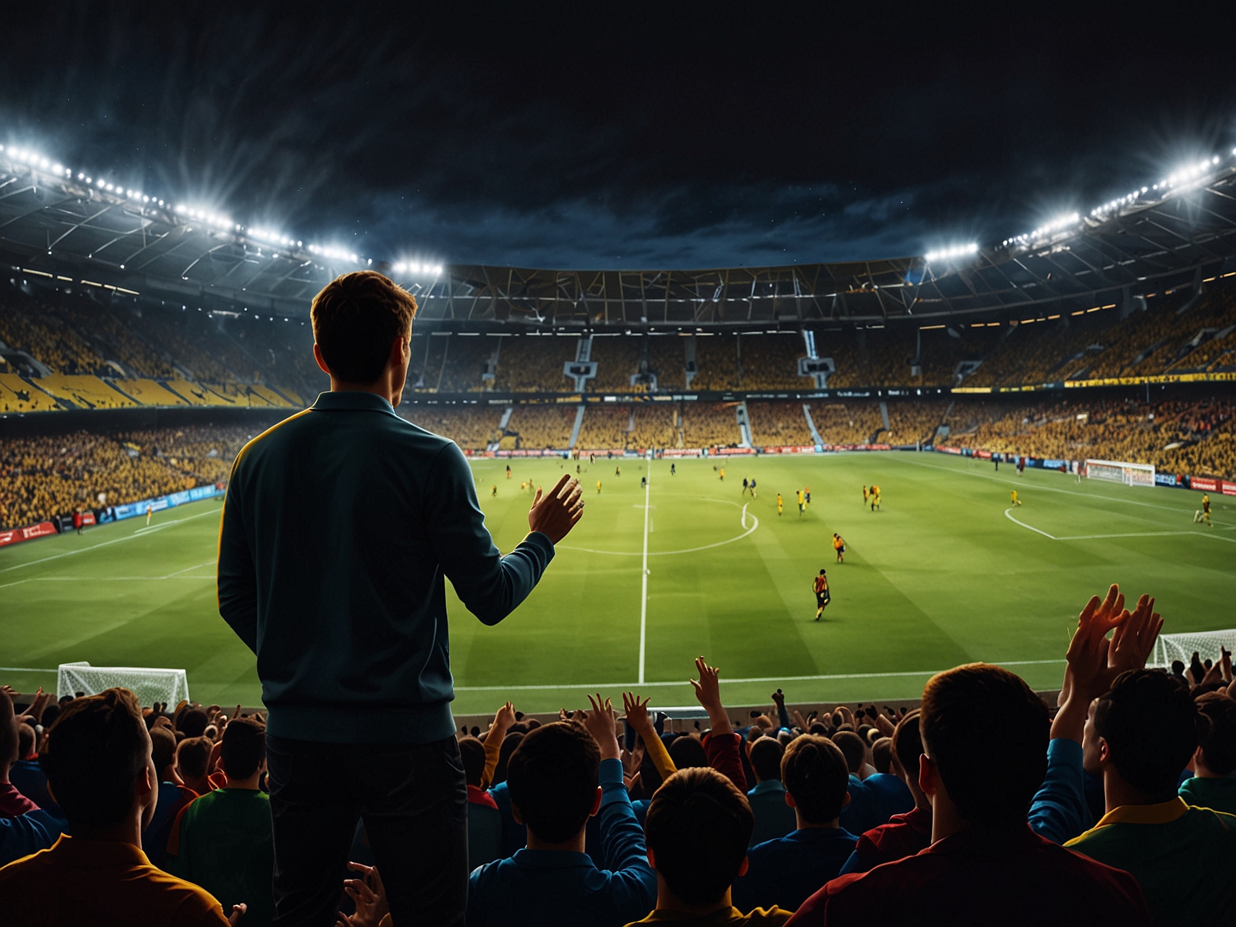 A dramatic scene at Dortmund's Westfalenstadion with fans cheering passionately, FC Barcelona players warming up, and the vibrant atmosphere setting the stage for the Champions League match.