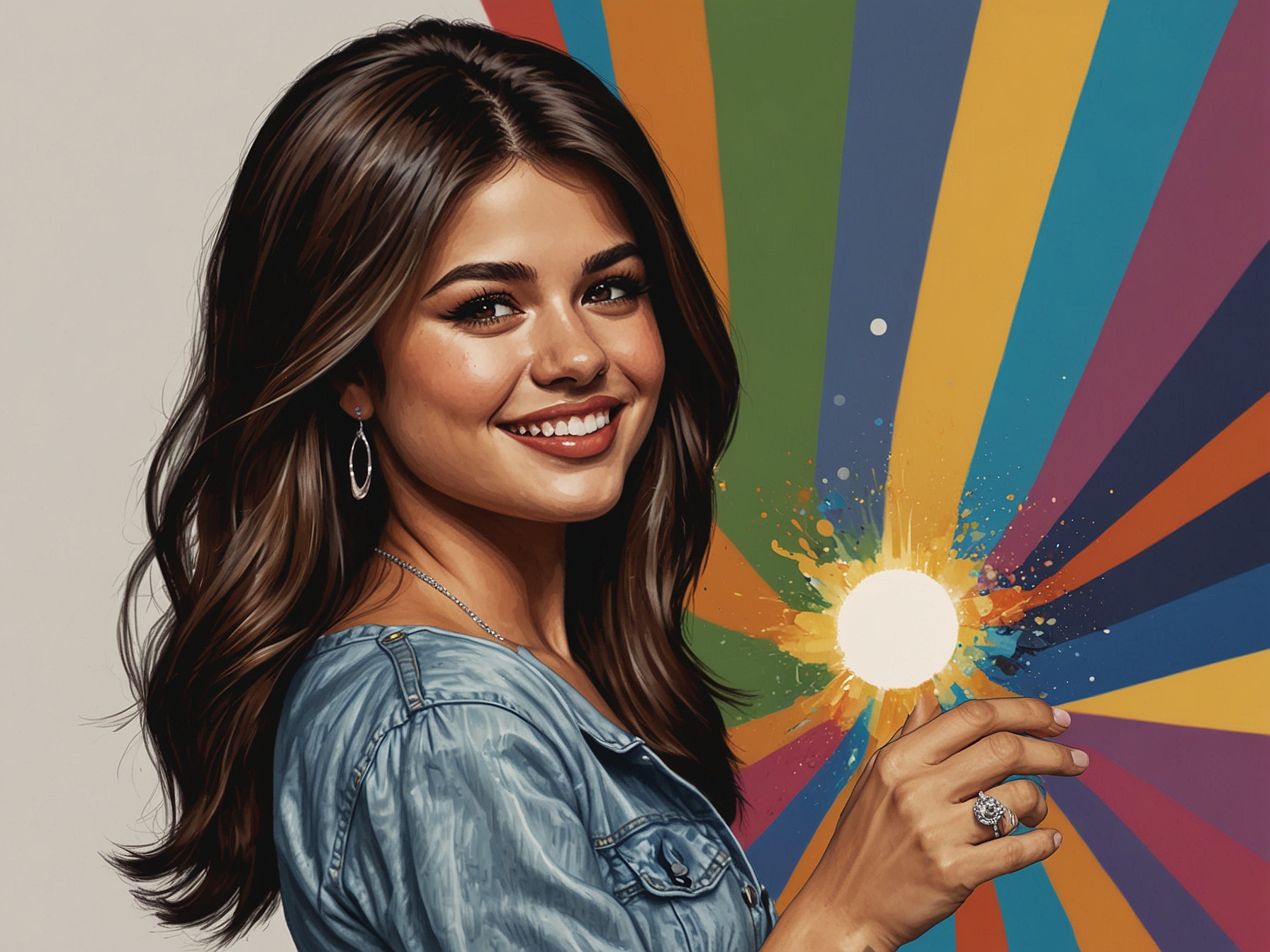 A close-up of Selena Gomez showing off her engagement ring, smiling brightly, with visible happiness that represents love and celebration in the background.