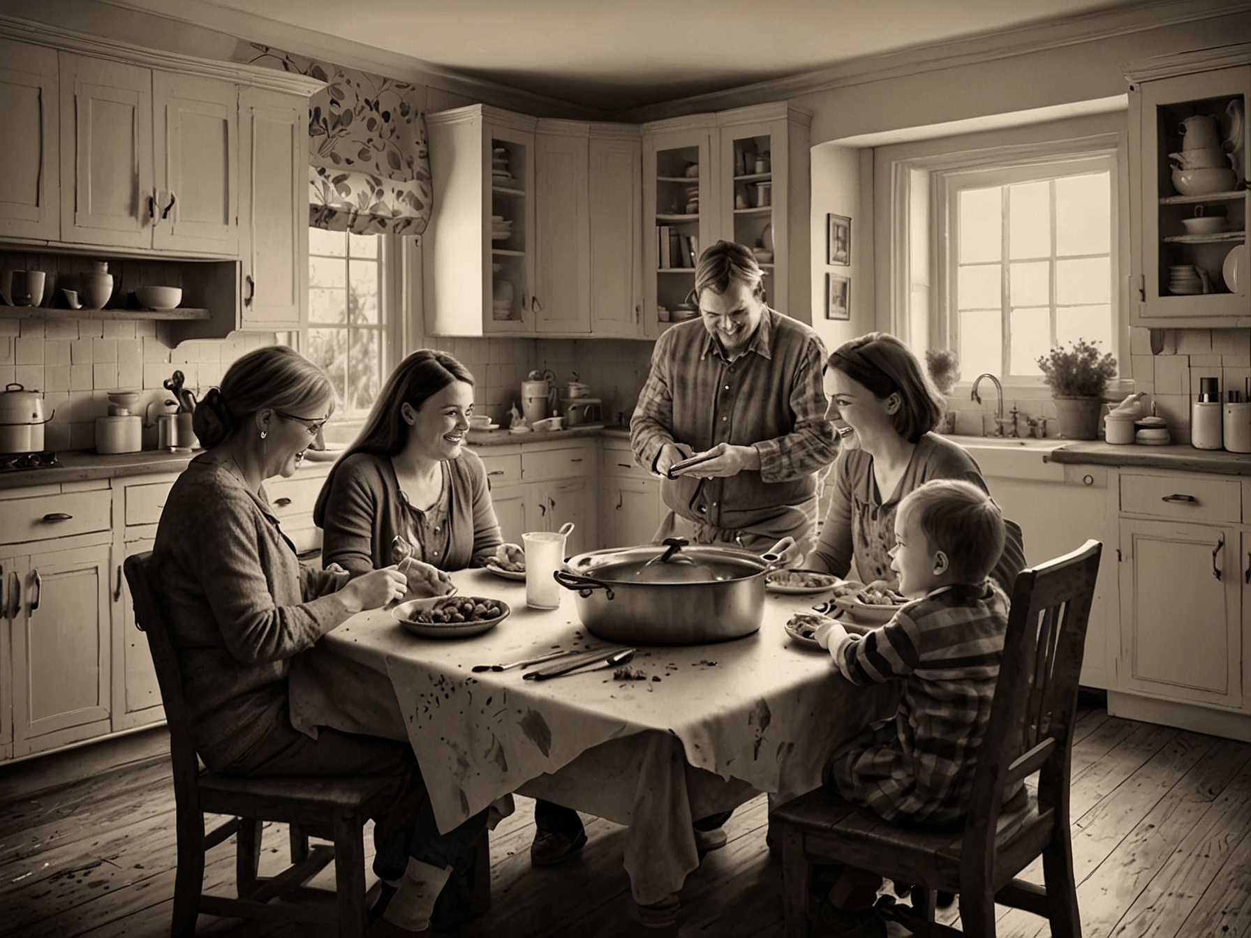 A warm, rustic kitchen with a family gathered around a table featuring a pot of raccoon stew, laughter shared as stories and traditions come alive, showcasing a unique Thanksgiving celebration.