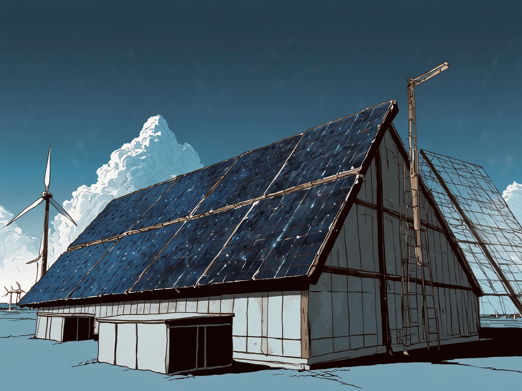 A soaring stock chart indicating the rise of Waaree Energies and ACME Solar, with a backdrop of solar panels under a bright blue sky symbolizing renewable energy progress.