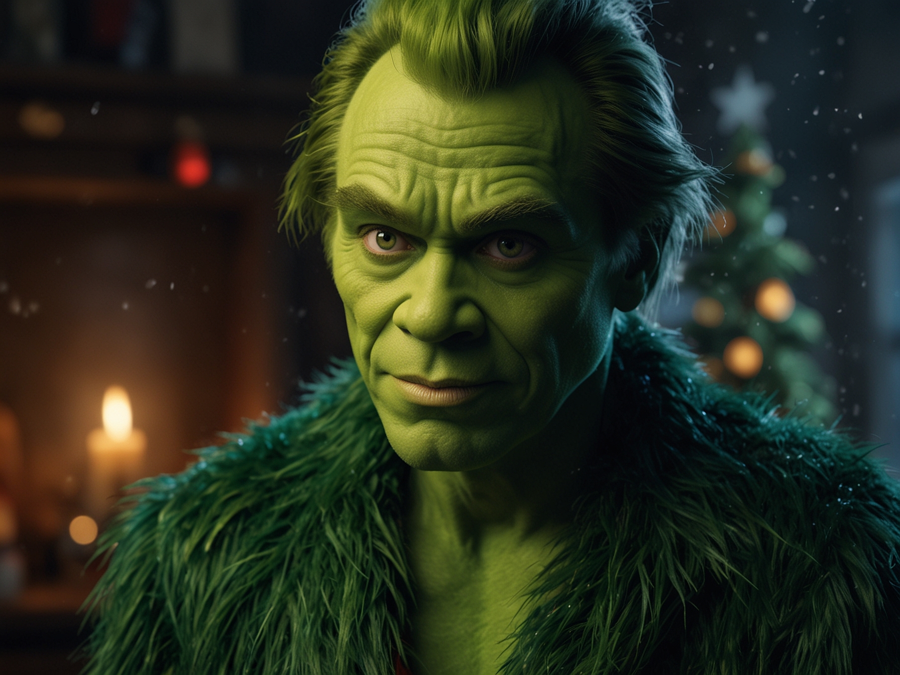 An illustration featuring Jim Carrey as the Grinch, showcasing a whimsical green character in a festive setting, highlighting the contrast between traditional makeup and modern motion capture technology.