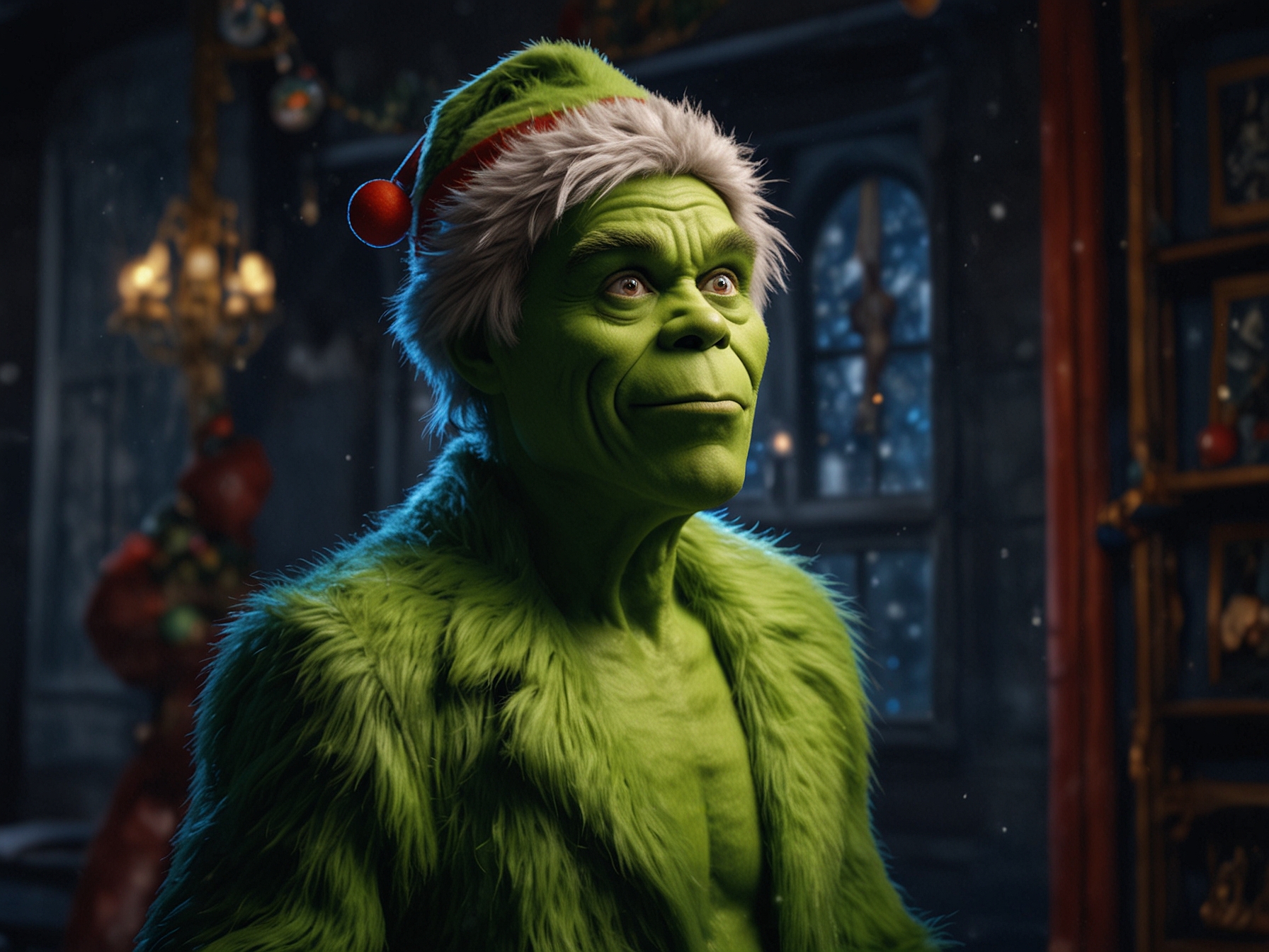 A side-by-side comparison image showing Jim Carrey in heavy prosthetic makeup as the Grinch and a digital render of the character created using motion capture technology.