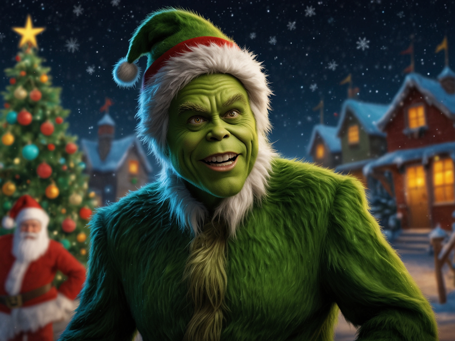 An artistic depiction of Whoville with colorful houses and snow, representing the whimsical world of the Grinch, combined with elements of digital filmmaking technology.