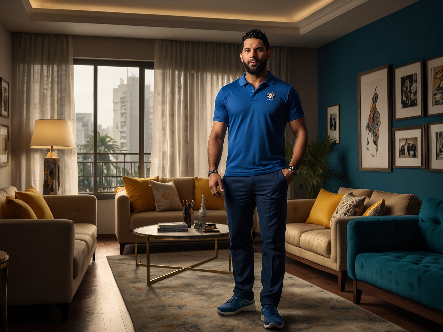 Yuvraj Singh standing in front of his luxurious apartment in Mumbai, showcasing a blend of cricket memorabilia and modern decor, reflecting his successful post-retirement lifestyle.