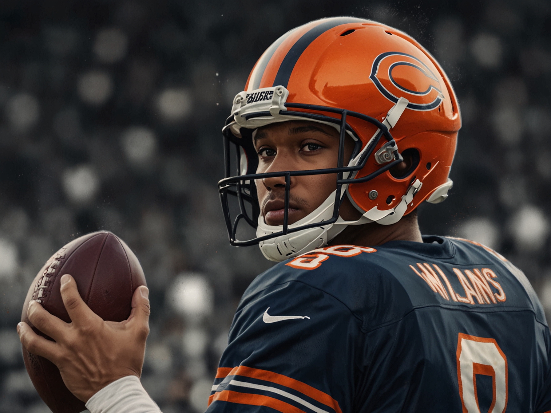 An image of Caleb Williams in a Chicago Bears jersey, focused on making a pass during a game, showcasing determination and potential as a quarterback.