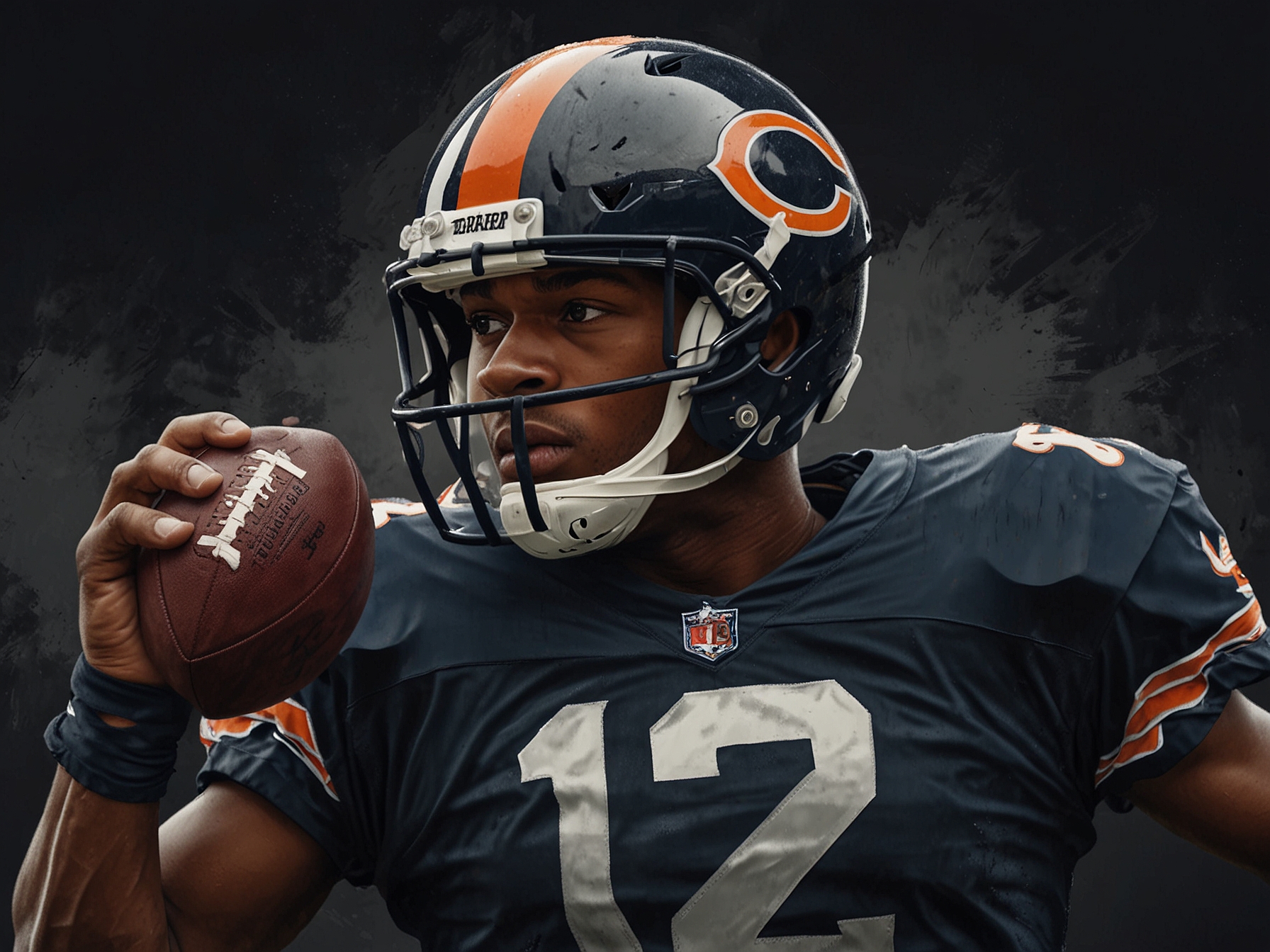 A graphic demonstrating Caleb Williams' impressive stats, including passing yards and touchdowns, set against a backdrop of a football field during a game.