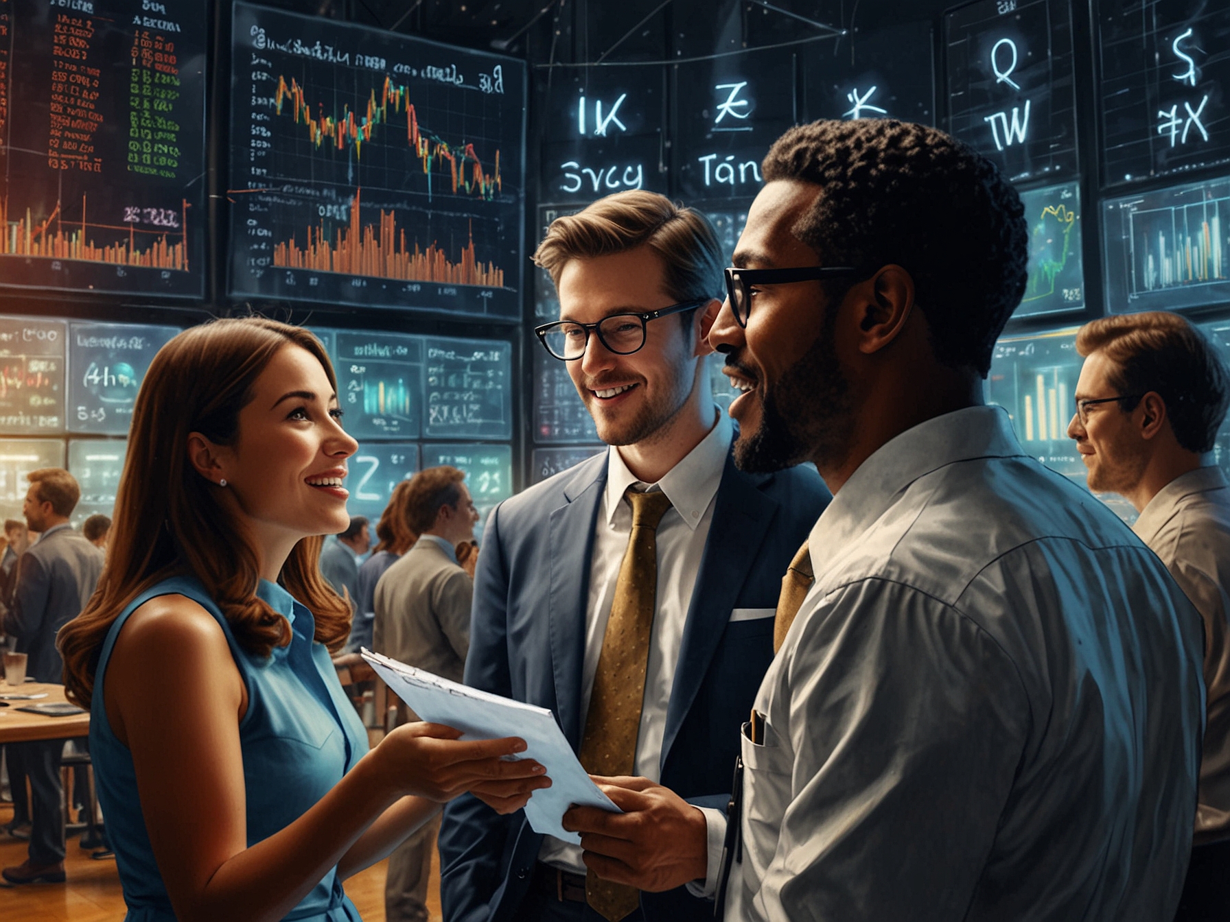 A diverse group of investors eagerly discussing IPO opportunities at a vibrant stock market setting, highlighting excitement and uncertainty in the investment landscape.
