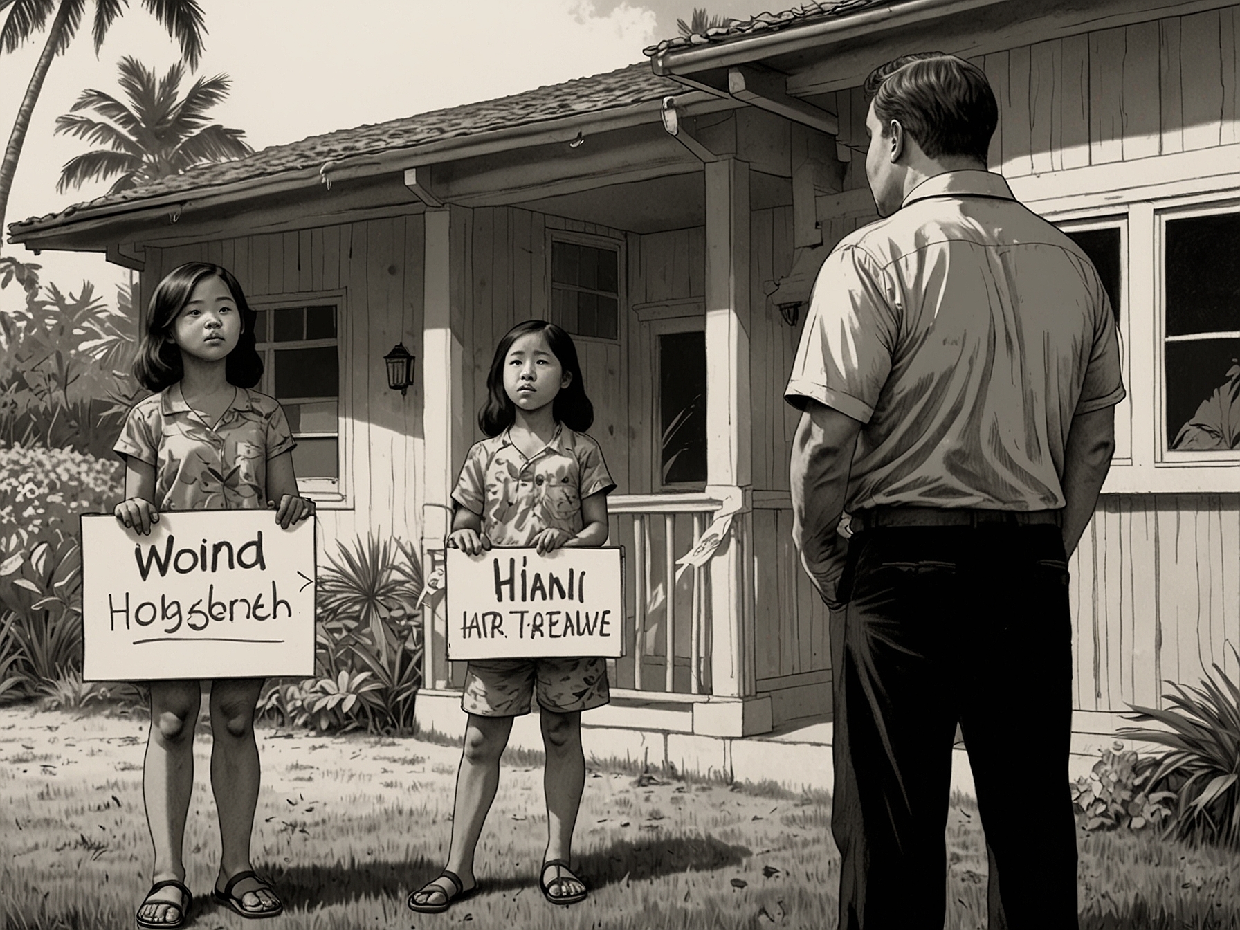 A worried family gathered outside a home in Hawaii, displaying hope and concern while holding signs supporting the search for Hannah Kobayashi.