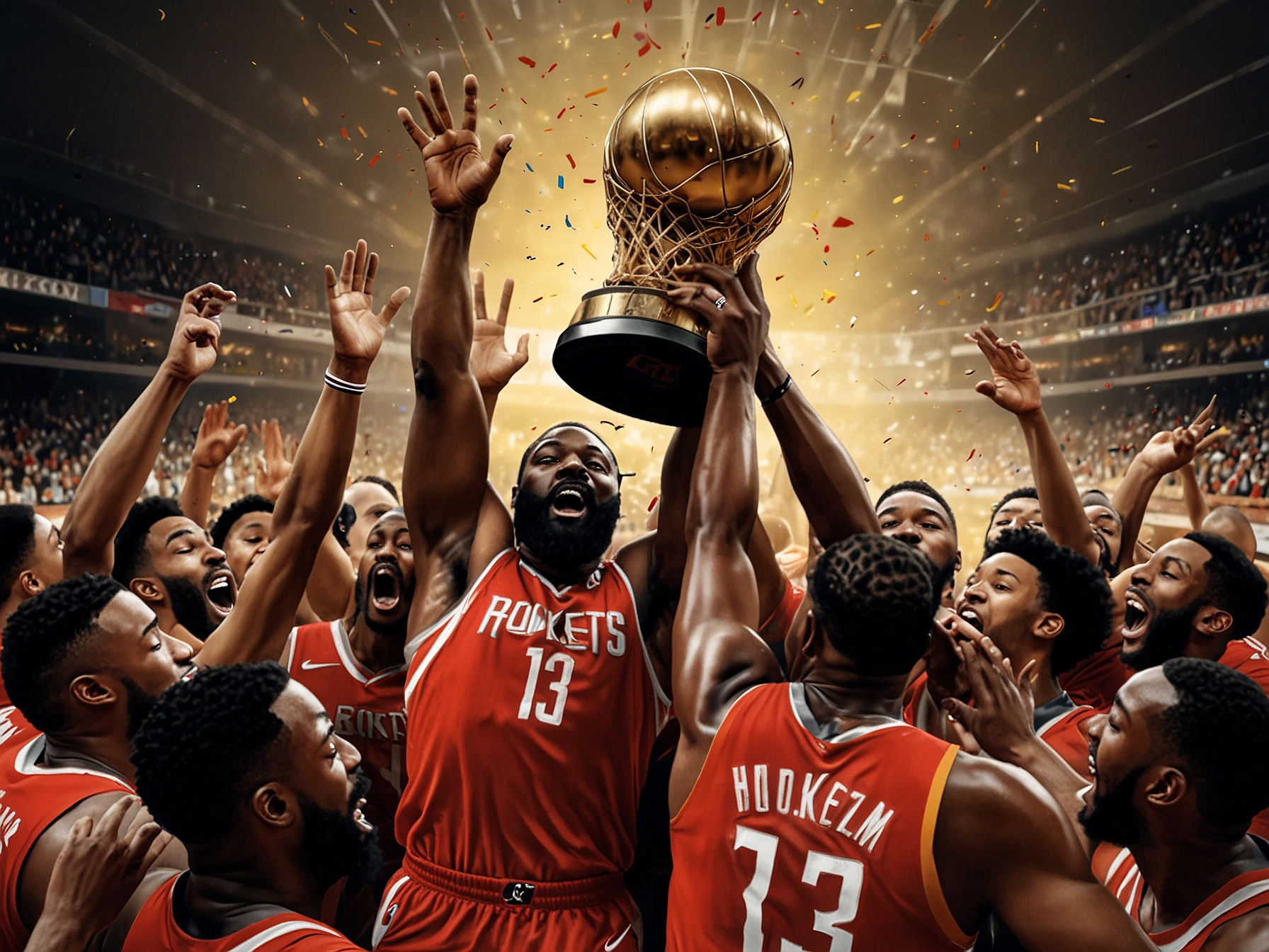 A dynamic scene from the NBA Cup featuring the Houston Rockets celebrating their narrow victory over the Golden State Warriors in a thrilling basketball match.