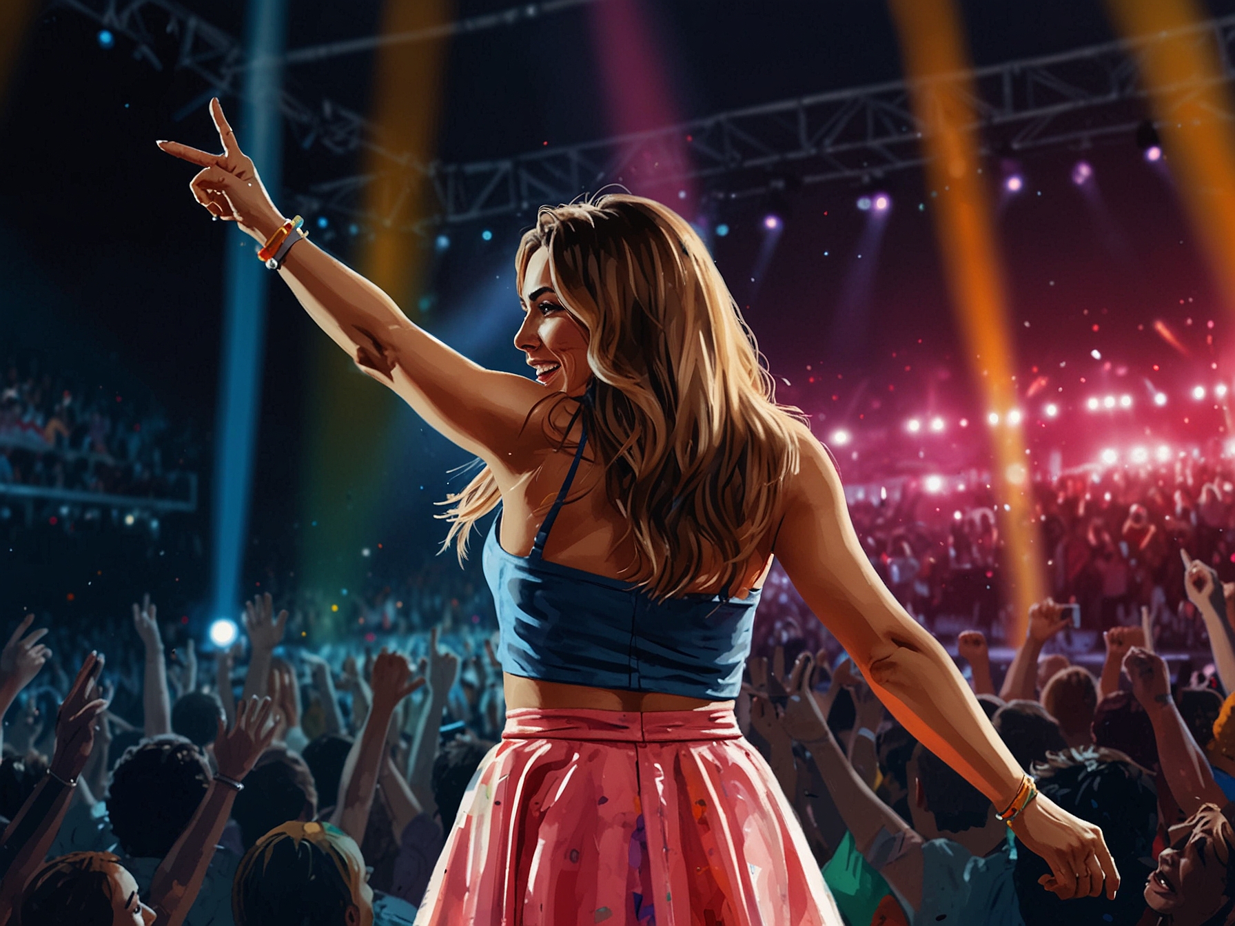 A vibrant concert scene featuring NIKI performing live on stage in front of a cheering crowd, with colorful lights illuminating the arena, capturing the excitement of her 'Buzz' World Tour.