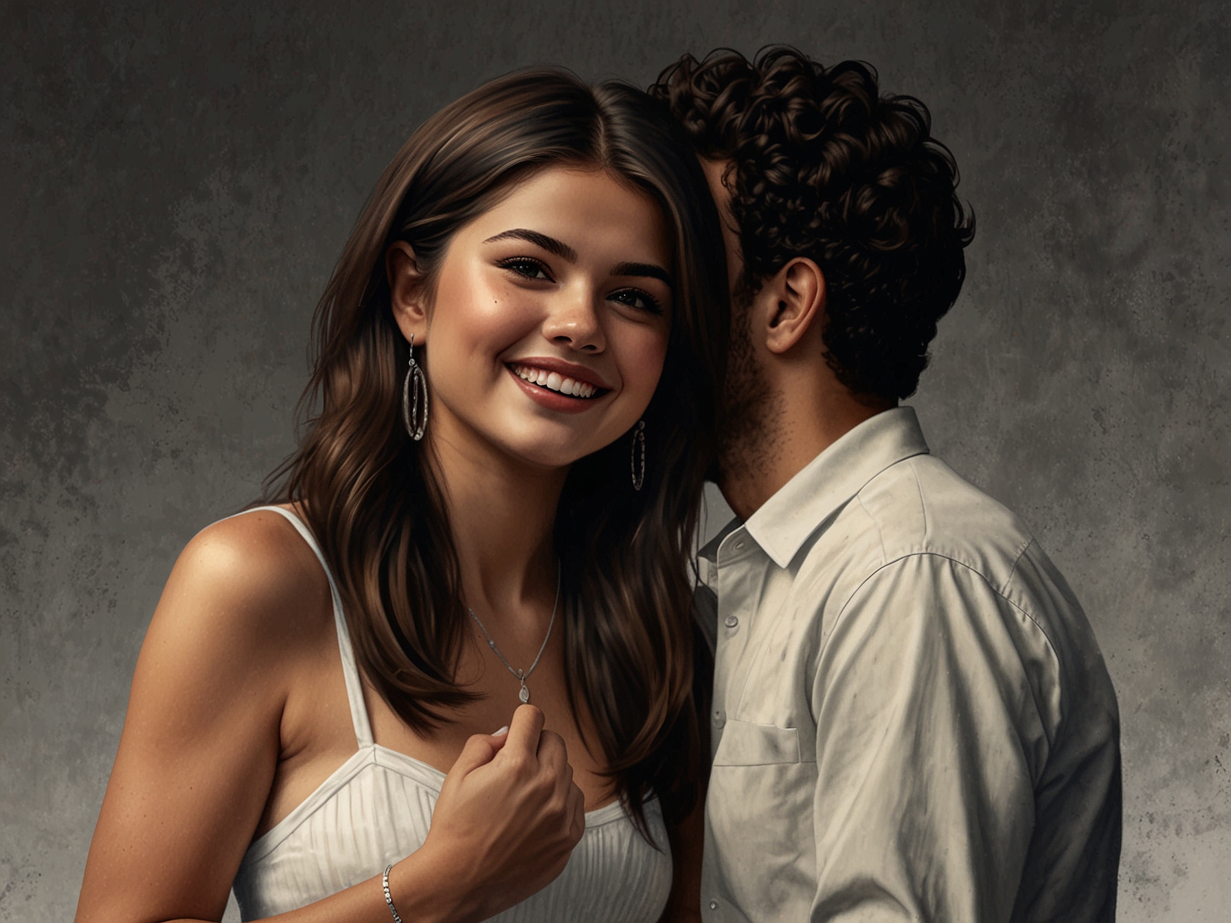 An enchanting image of Selena Gomez and Benny Blanco celebrating their engagement, showcasing Selena's stunning ring and their joyful expressions as they embrace each other.